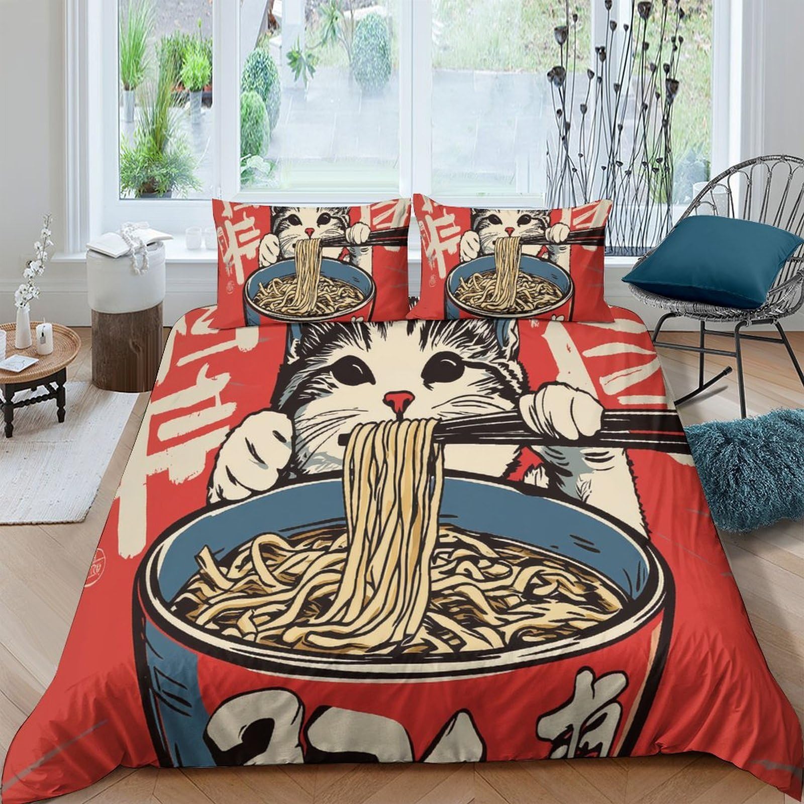 Katze Fressend Nudeln Bettbezug 3 Teile 3D-Druck Cartoon-Stil Illustration Mikrofaser Quiltbezug mit 2 Kissenbezügen Reißverschluss für Kinder und Erwachsene Schlafzimmerdekoration King（220x240cm）