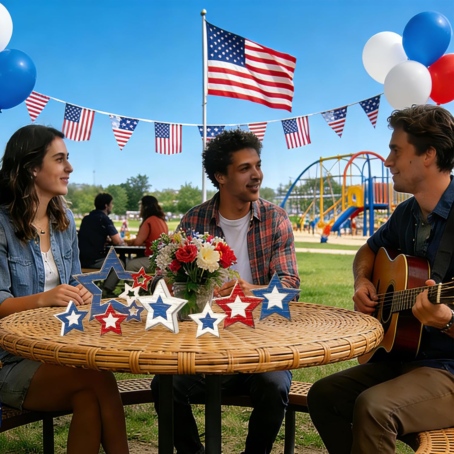 FYSUIMU 7 Pcs Patriotic Star Wooden Table Sign 4th of July Tabletop Centerpiece Red Blue Hollow American Star Tiered Tray Decoration for Independence Day Party Home Farmhouse