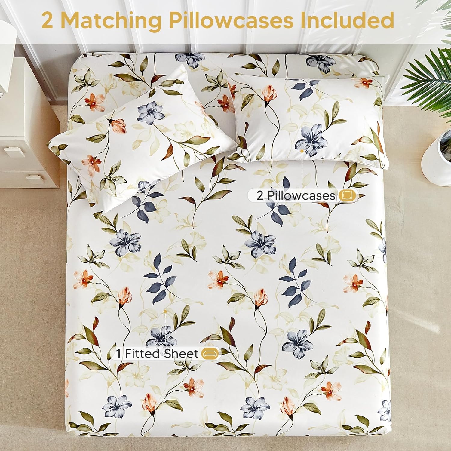 Tokokimo King Size Fitted Sheet Set, 16' Deep Pocket Floral Fitted Sheet with 2 Pillowcases, Ultra Soft & Breathable Microfiber Vintage Floral Print Bedding Set (Not Including Flat Sheet)
