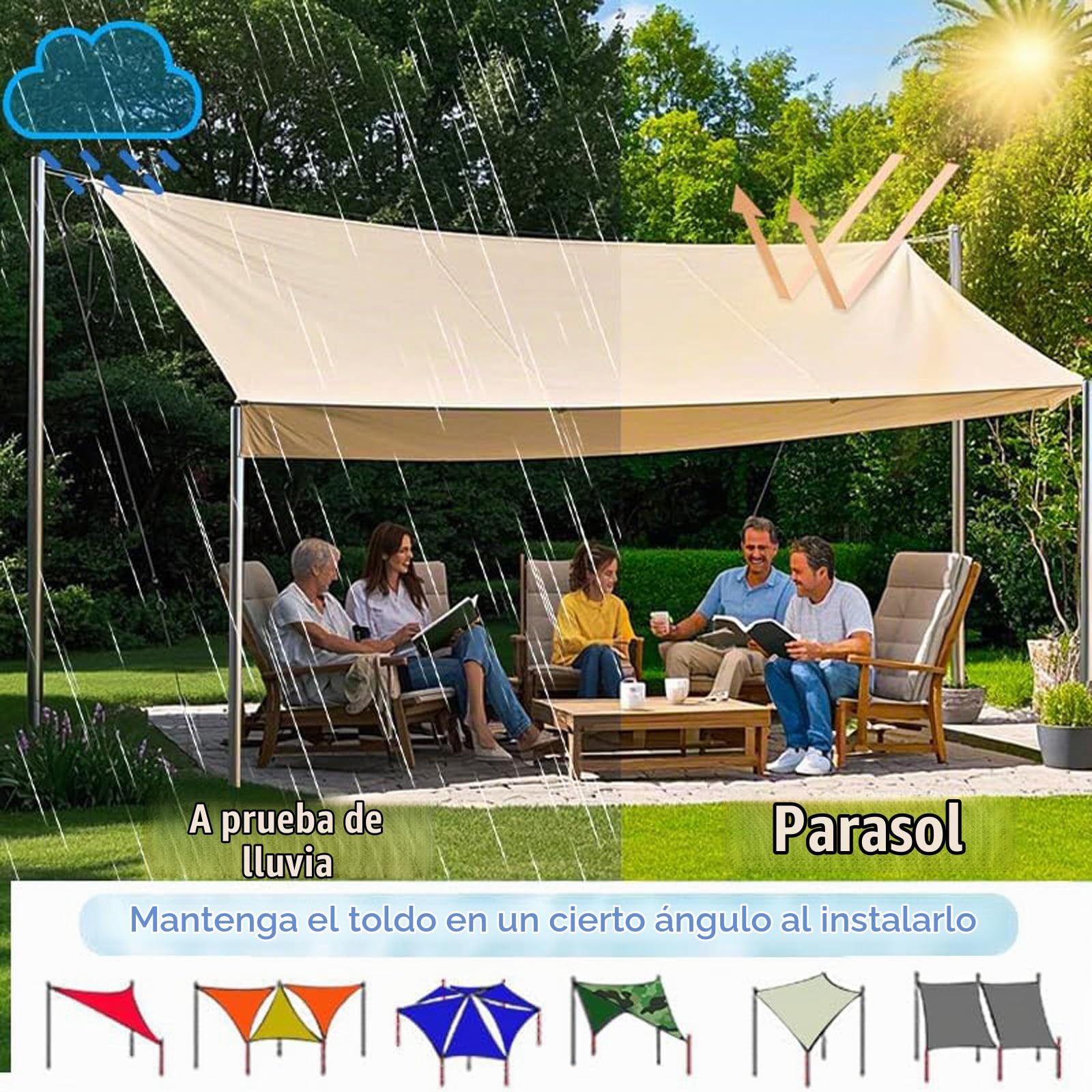 Toldo Vela de Sombra Exterior Impermeable 4x7M Rectangular Toldos Exterior Jardín Terraza Protección Rayos UV para Exteriores, Pergola, Terrazas con Ojales y Cuerdas de Fijación - Marrón