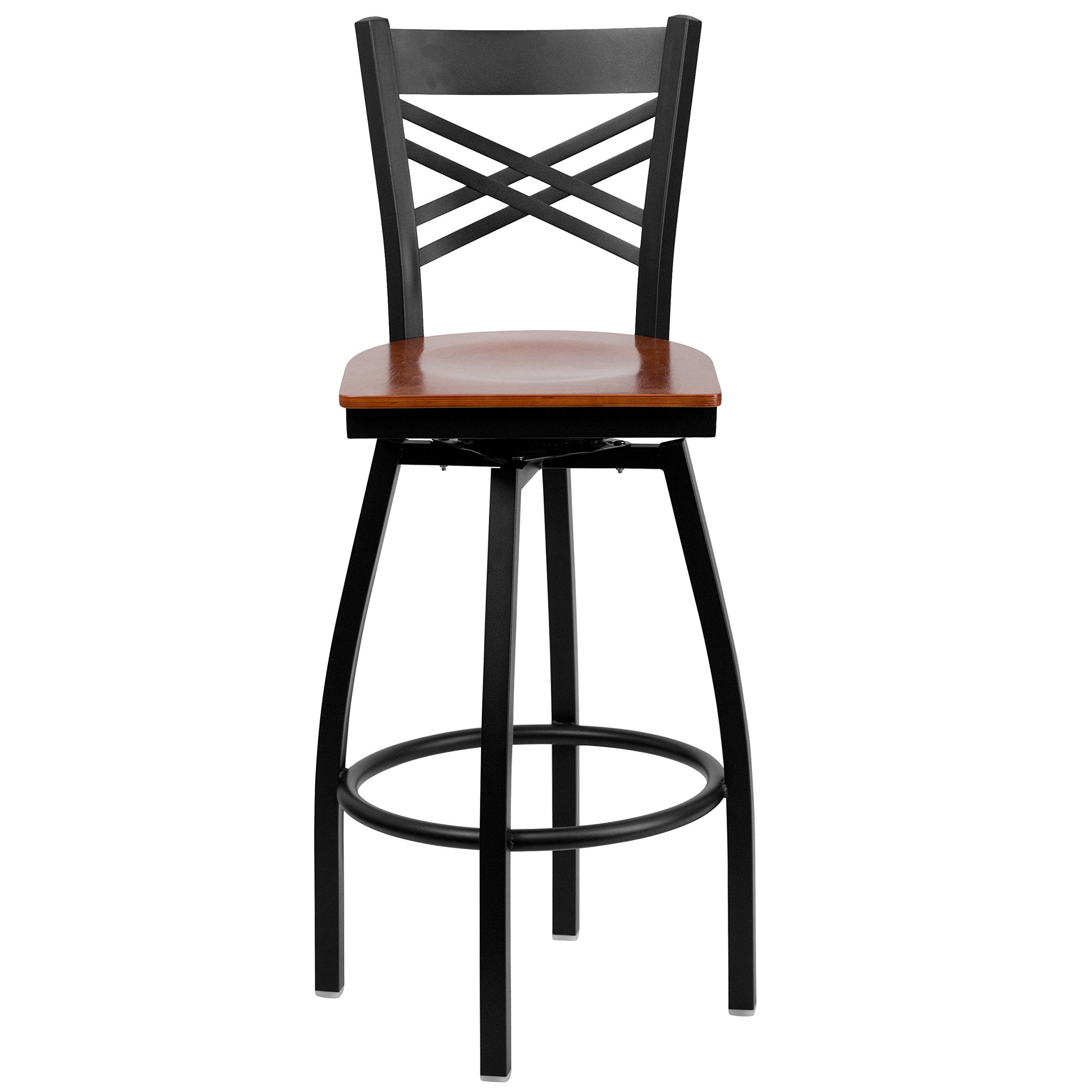 HERCULES Series Black ''X'' Taburete giratorio de metal – Asiento de madera de cerezo 5