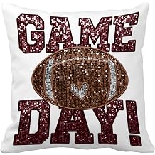 Leaveland Red Maroon Football Game Day Faux Sequin Embroidery Print 18x18 Inch Throw Pillow Cover Glitter Decorative Cushion Case School Girl Sister Daughter Mom Sport Fan Lover Decor Gift Pillowcase