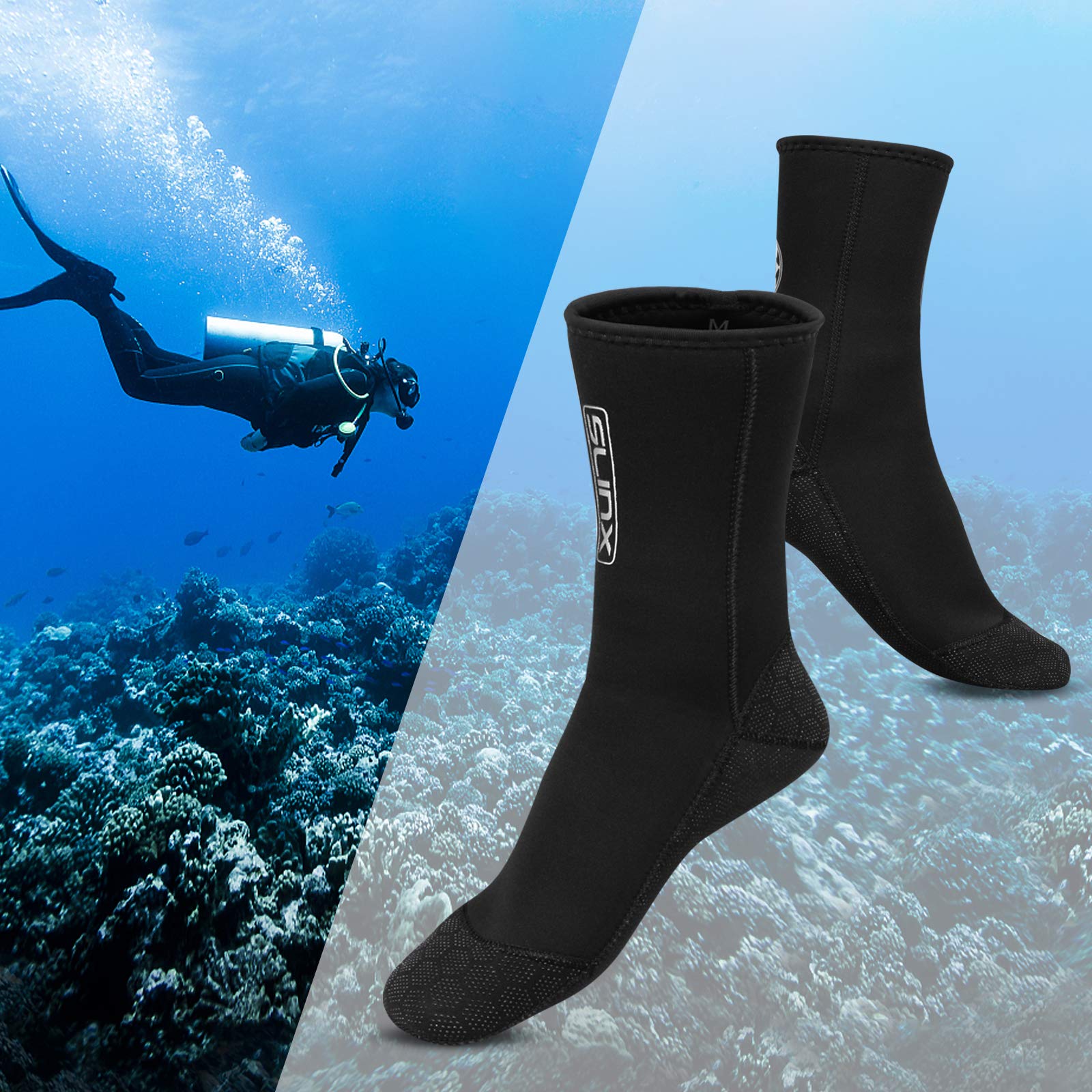 QKURT Calzini in Neoprene, Calze in Neoprene da 3 mm per Immersioni subacquee, Snorkeling e Sport Acquatici, Pinne Antiscivolo per Uomo