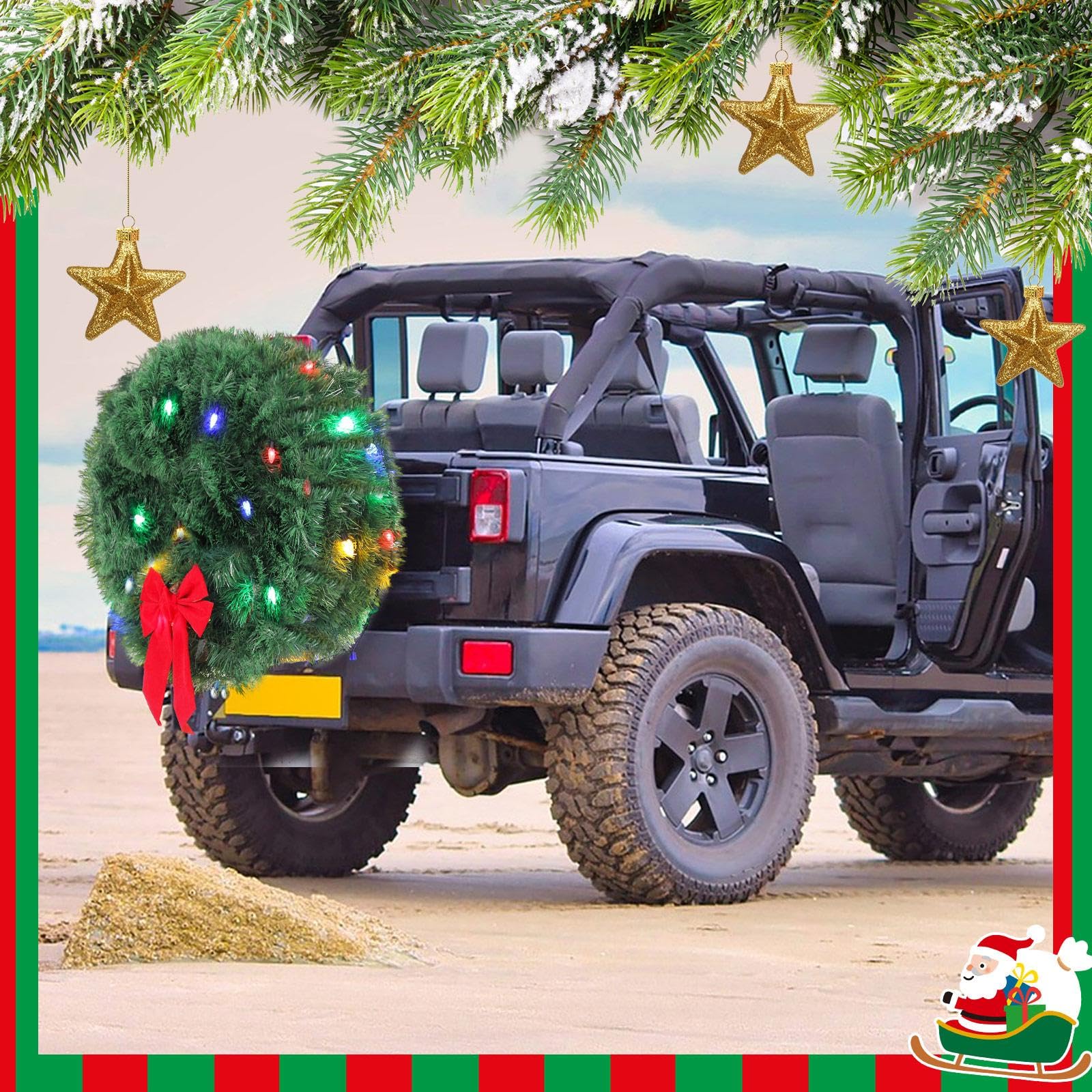 Grande couronne de Noël à LED pour voiture - Couronne de Noël artificielle pour grille avant de voiture - Couronne de Noël lumineuse avec nœud rouge - Décorations de Noël pour camion compatible