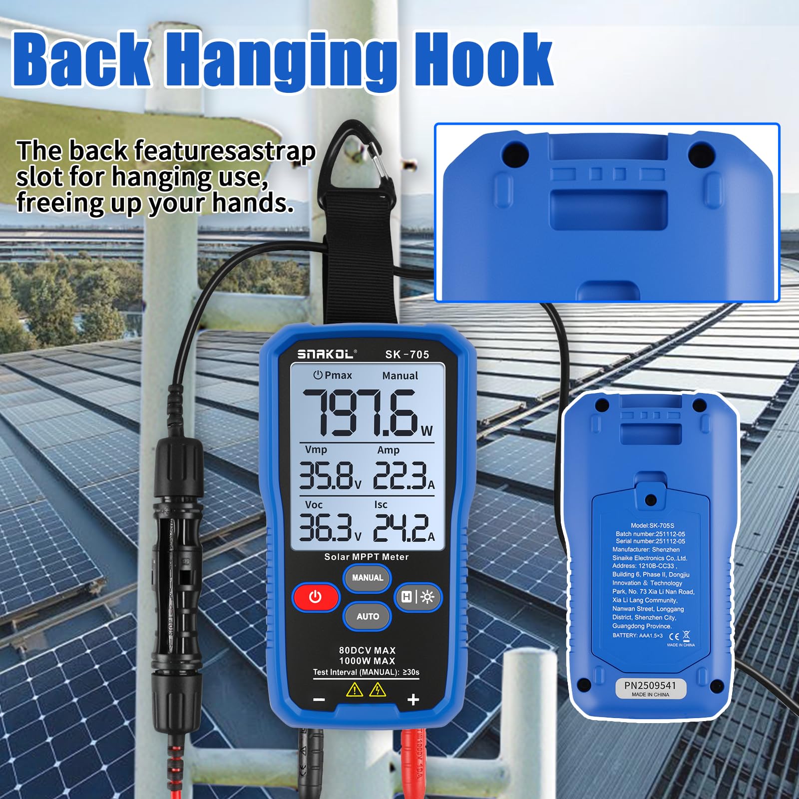 SK-705 Tester MPPT Solare per Moduli Fotovoltaici – 1000 W, Max 80 V DC, 35 A, Misurazione Automatica e Manuale, Voc Isc Vmp Pmax, Display LCD da 3,2", Tester FV Portatile