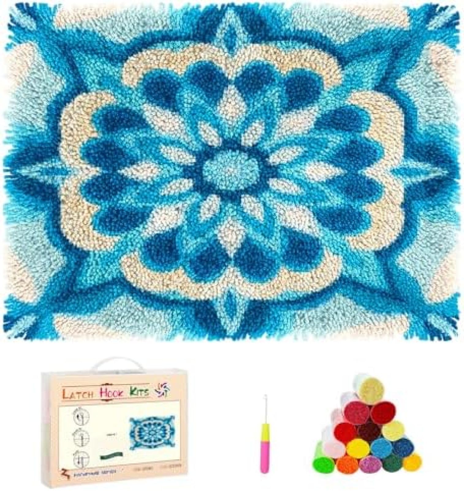 Wallphantom Knüpfteppich Zum Selber knüpfen,Eis-Mandala-Muster,Knüpfsets Latch Hook Kit Selbst Knüpfen Set für Kinder und Erwachsene,Farbmuster vorbedruckt,90x120cm