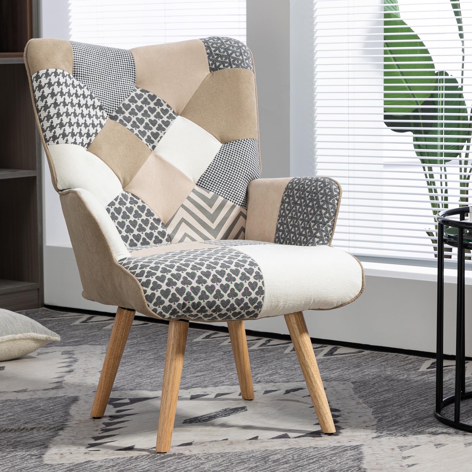 Living Room Accent Chair with High Backrest, Bedroom Plaid Bohemian Upholstered Armchair for Mid Century, Modern Cozy Chairs for Small Spaces, Grey