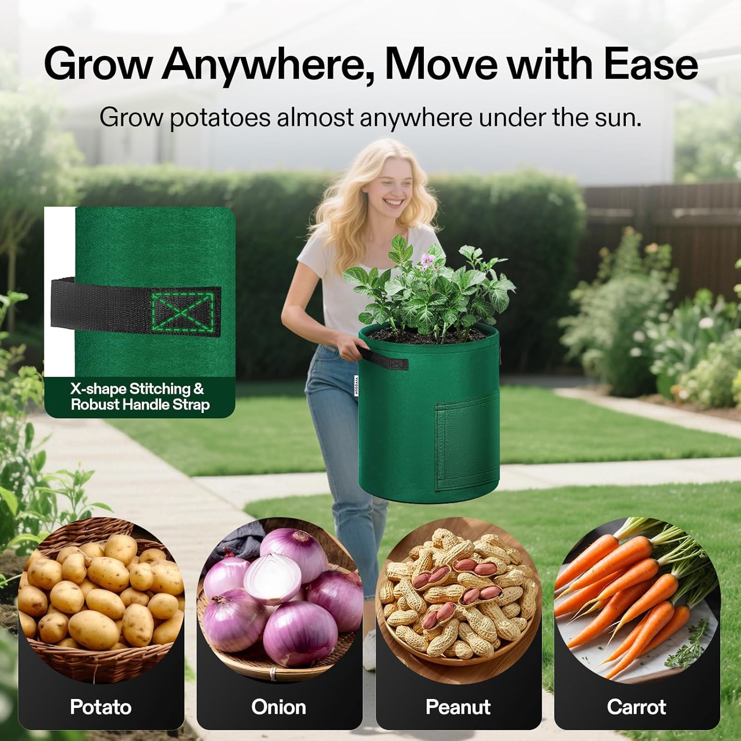 VIVOSUN 5-Pack 10 Gallon Potato Grow Bags for Growing Potatoes, Fabric Potato Pots with Handle and Roll-up Window, Potato Growing Containers Potato Planter Potato Planter for Growing Potatoes, Green