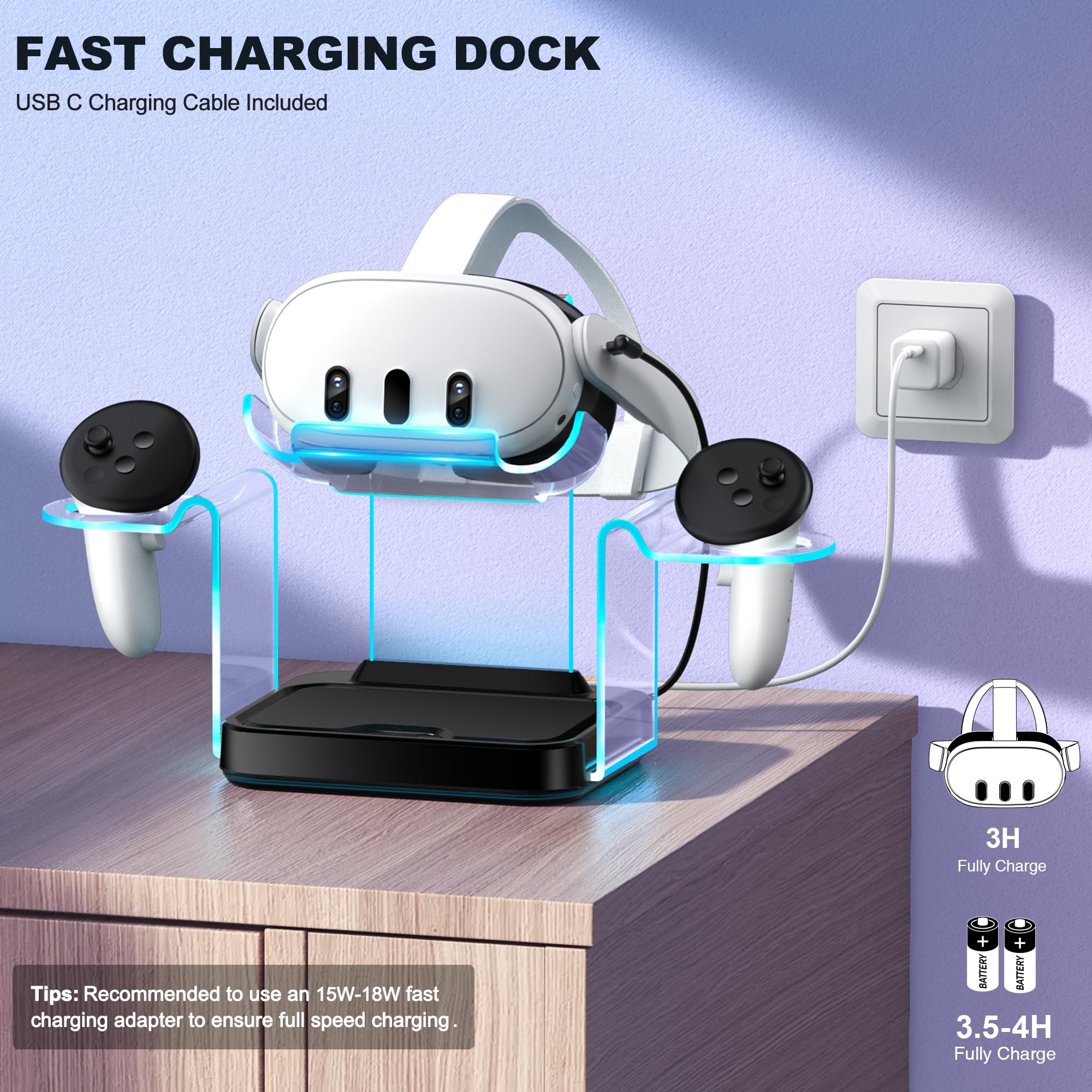 Ladestation für Meta Quest 3/3S/2 mit 4 wiederaufladbaren Controller-Akkus, Luxuriöse VR-Headset-Ladestation mit LED-Licht, USB-C-Kabel, 15W Adapter, für Meta Quest 3, 3S, 2, Oculus 2