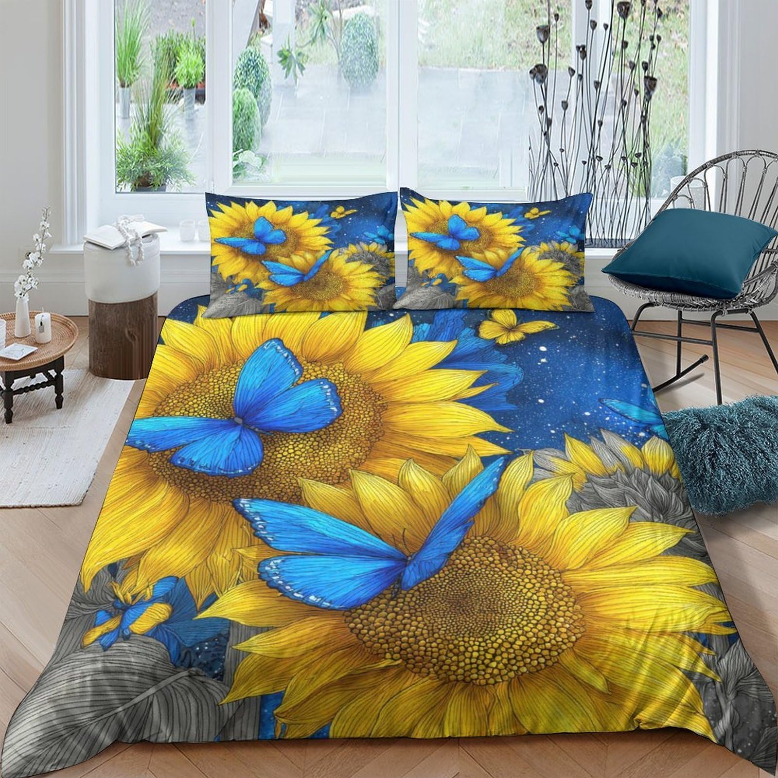 GPLZQXKJNH 3D Printed Sunflower Butterfly Duvet Cover Set Microfiber Soft Breathable Bedding with 2 Pillowcases for Bedroom Decor Single（135x200cm）