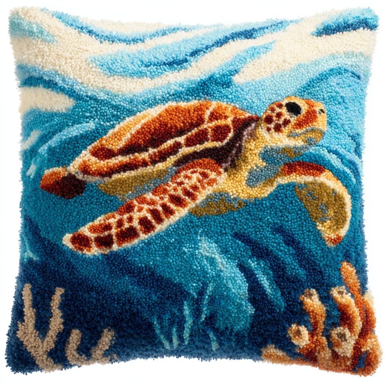 Henypt DIY Latch Hook Cushion Kit,sea Turtle 43x43cm Decorative Pillow Cover Craft Set,DIY Craft Set Perfect for Living Room & Gifting