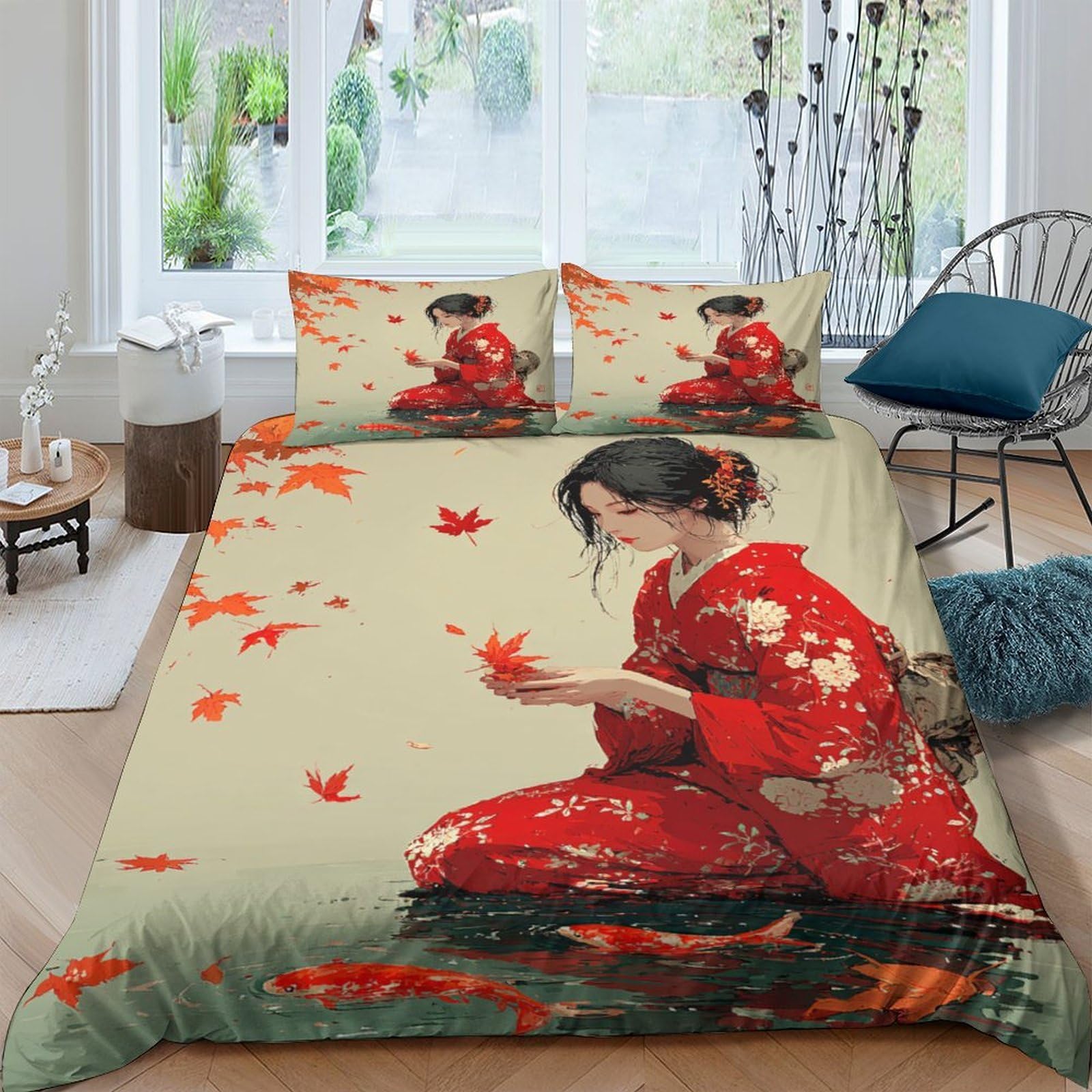 Ctjqhvkz Style-4 3D Printed Japanese Kimono Fitted Sheet Microfiber Soft Breathable Red Blossom Bed Cover For Bedroom Guest Room Decor Single（135X200cm）