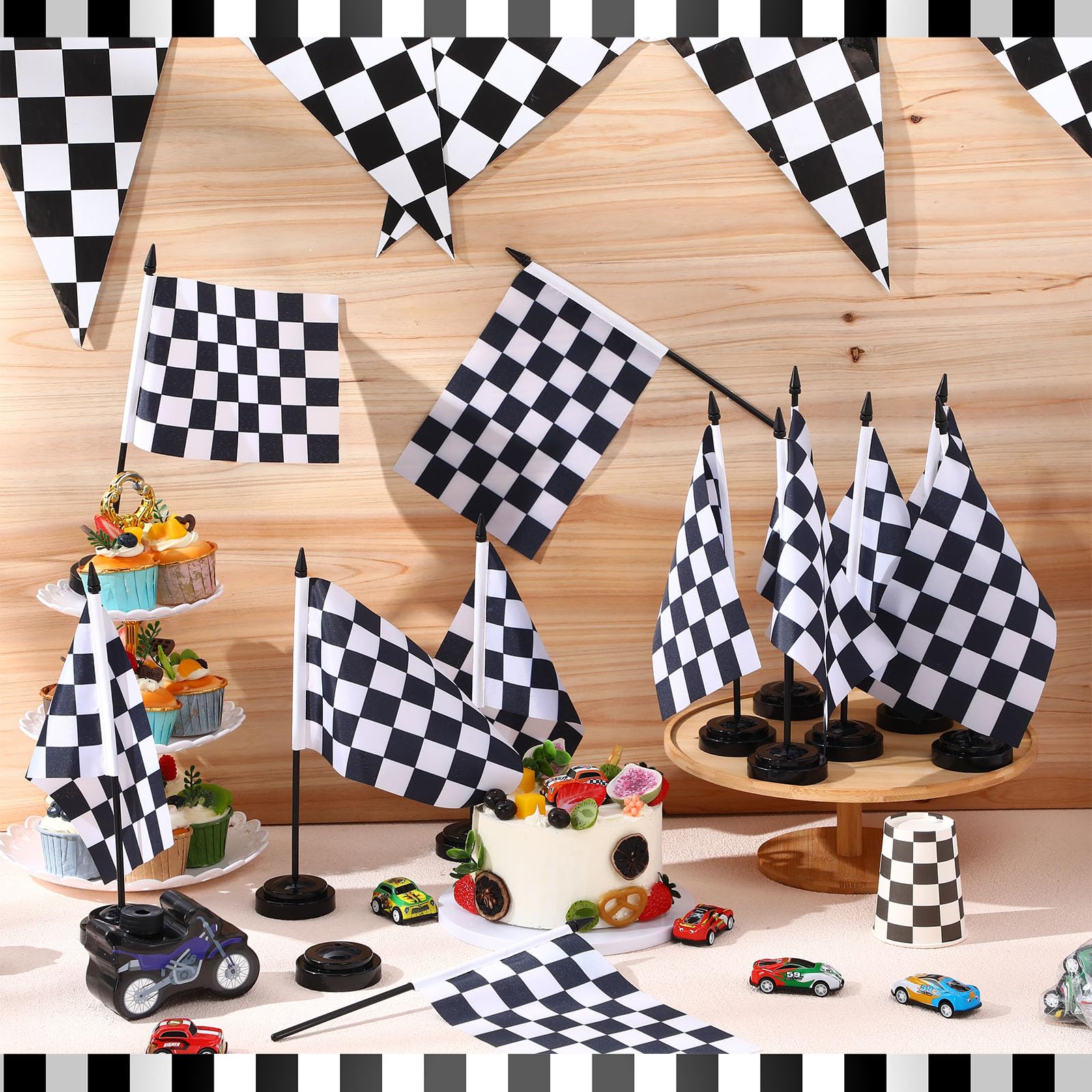 30Pcs Checkered Black And White Racing Stick Flag Small Mini Hand Held Race
