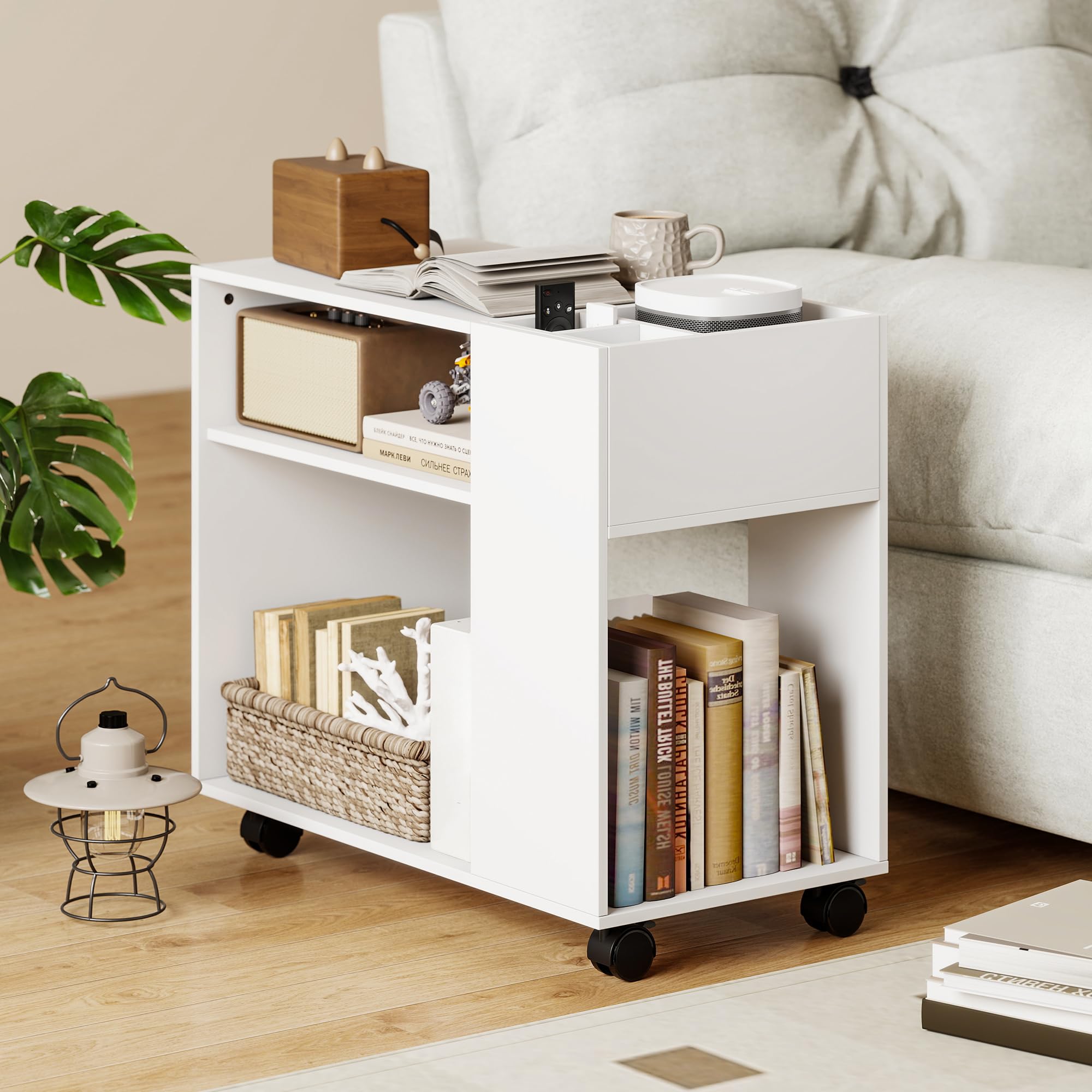 HOMCOM Meuble pour imprimante avec roulettes, meuble de bureau multifonctionnel avec compartiments ouverts, étagère et compartiment, table de chevet pour salon, chambre, bureau et , 70x36x60