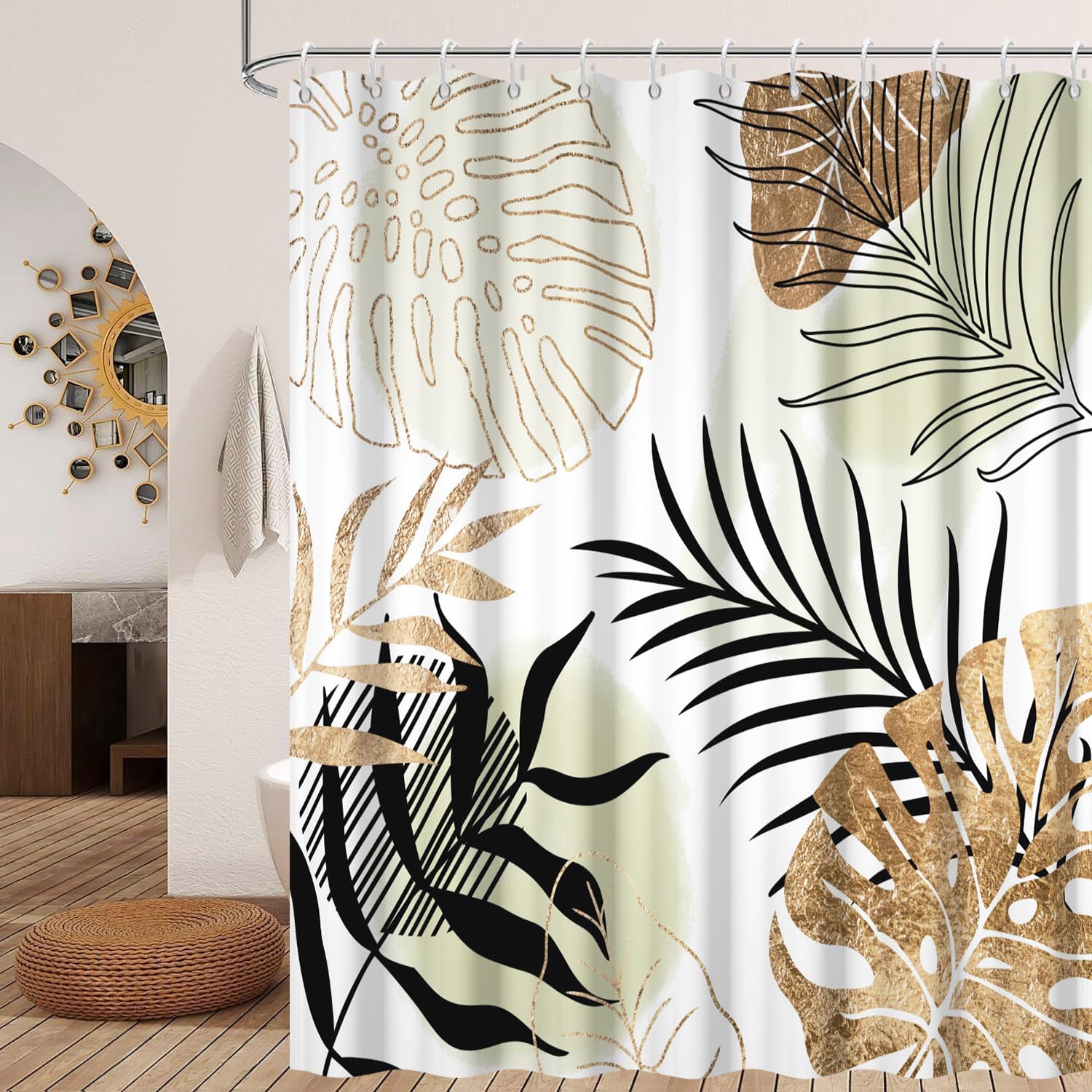 Rideau de douche feuilles de palmier dorées pour s'évader sous la douche