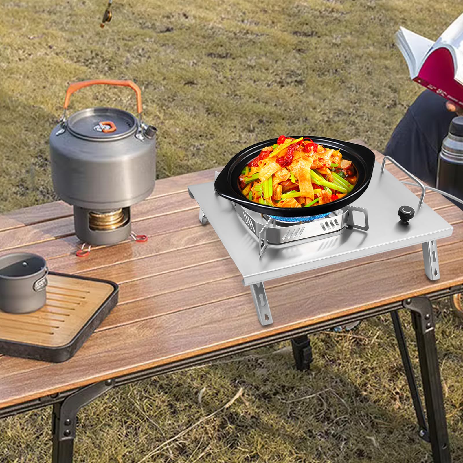 Hornillo de gas para camping de acero inoxidable, 2600 W, incluye manguera de 50 cm y adaptador de embrague, hornillo de gas de 4 patas, para camping y exteriores, viajes de autocaravana
