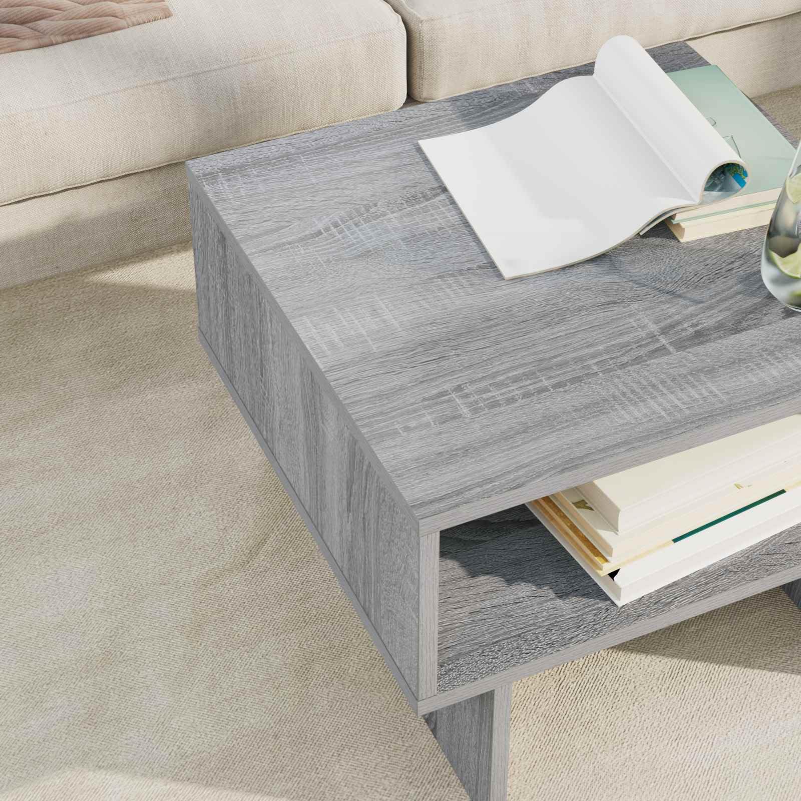 Mesa de centro Sonoma gris 48 x 46 x 35 cm, pequeña mesa auxiliar de madera para salón, moderna mesa de salón con 2 estantes, mesa de sofá compacta