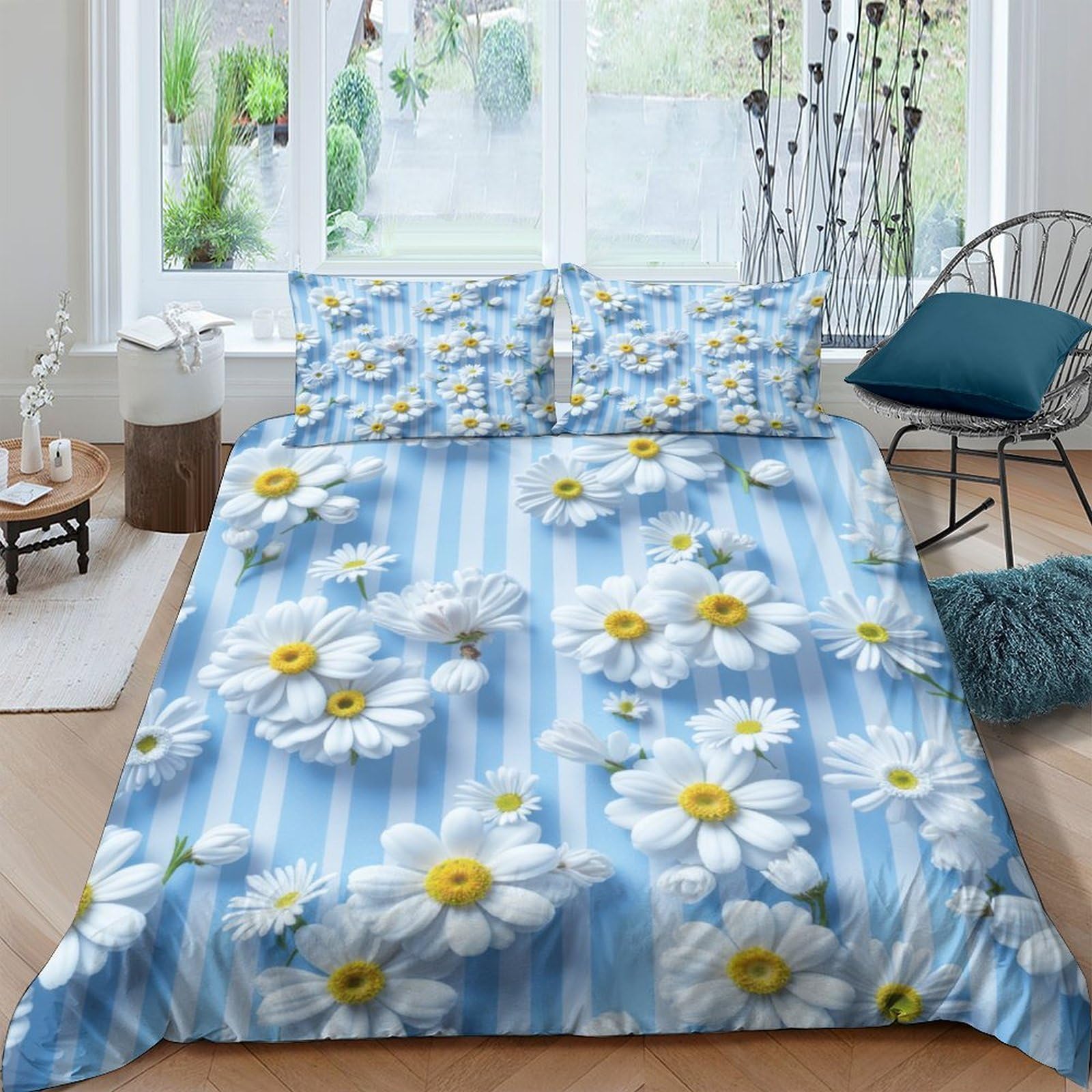 Ctjqhvkz Style-3 3D Printed Blue Daisy Stripe Fitted Sheet Microfiber Soft Bedroom Decor Sunflower Bed Cover Mattress Protection Single（135X200cm）