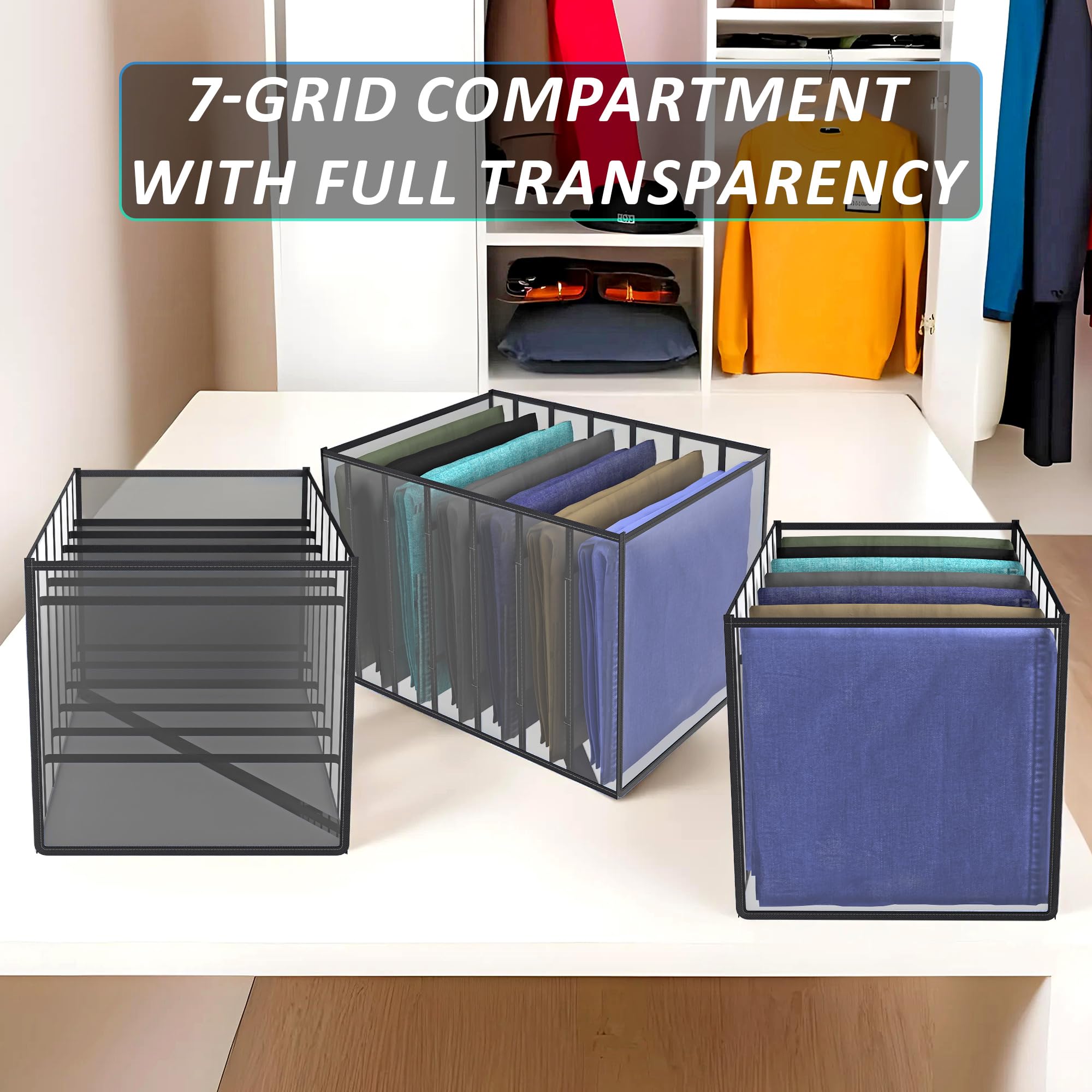 Kuber Industries Stoff-Organizer, Kleiderschrank-Organizer, Aufbewahrungsbox mit 7 Fächern, Aufbewahrungsbox für Jeans, Hosen, Hemden, faltbar, PVC, Schubladen-Organizer, transparent, 40 mm, 3 Stück