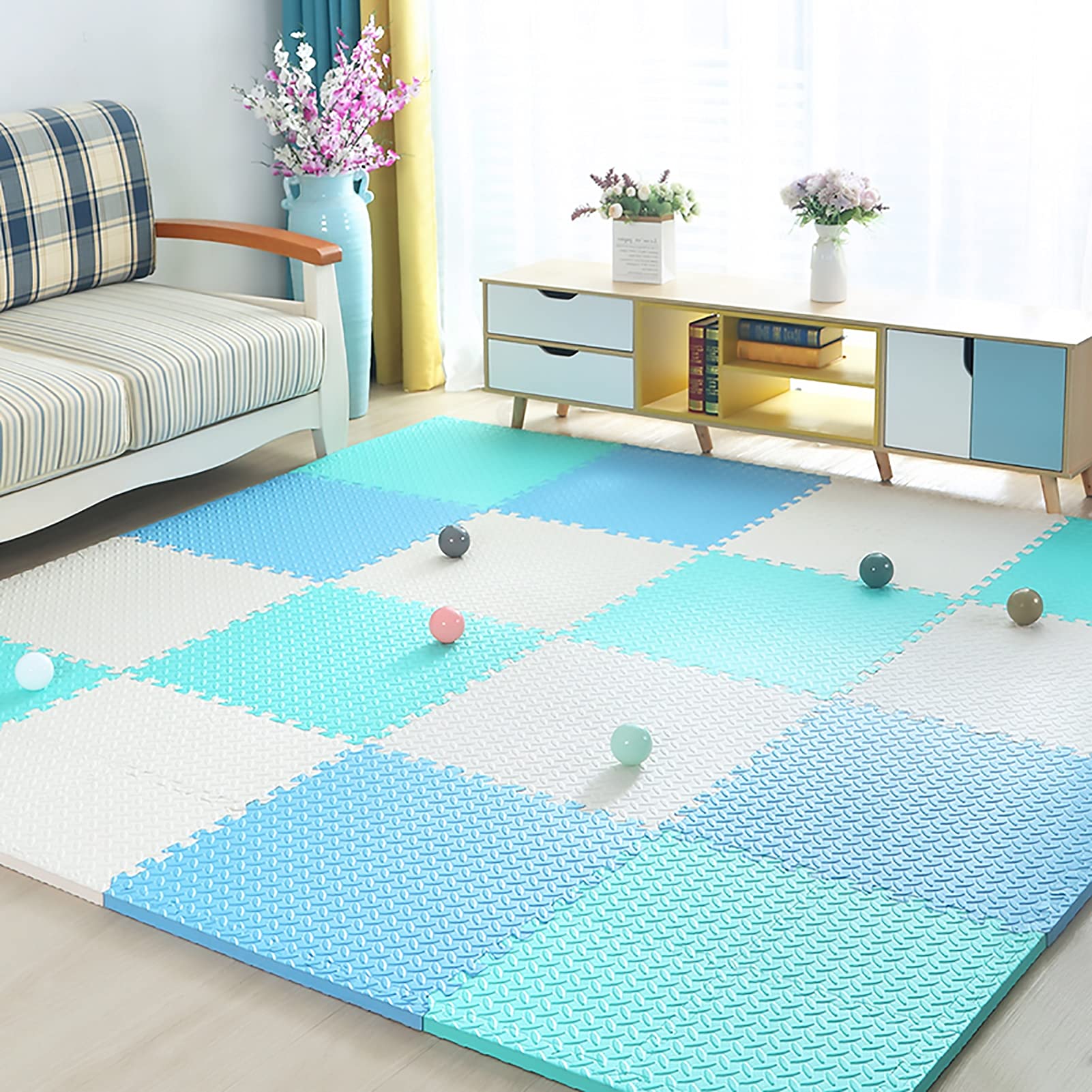 JLCP Baby Foam Play Puzzle Mats, Soft Floor Tiles Kids Foam Play Mats, Interlocking Mat 60X60x2cm Non-Slip Waterproof Crawling Mat Kids Rug Activitys Games Toys,White+Green+Blue,9pcs