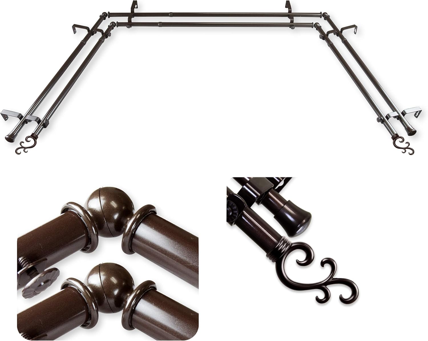 A&F Rod Decor - Wave 13/16" Double Bay Window curtain rod 20"-36", 38"-72" - Satin Nickel