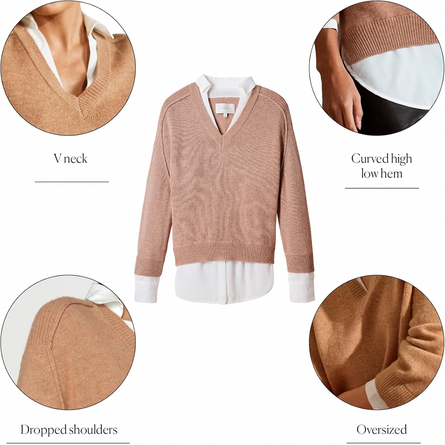 Brochu Walker The Looker Layered V-Neck Sweater - Long Sleeve Warm Sweaters for Women, Oversized Wool & Cashmere Pullover