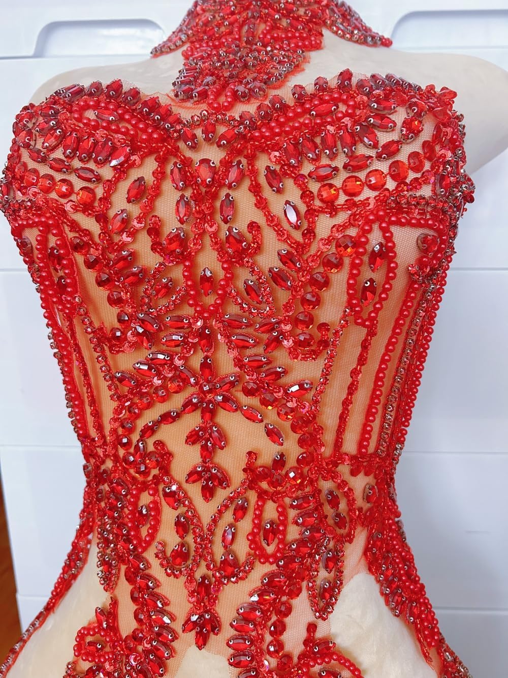 Luxury Wedding Dress Appliques - Lace with Rhinestones & Crystal Grab Diamonds, Sparkling Embellishments for Bridal Gowns & Bodycon Dresses, Handmade Heavy Embroidery Decorations (Red)