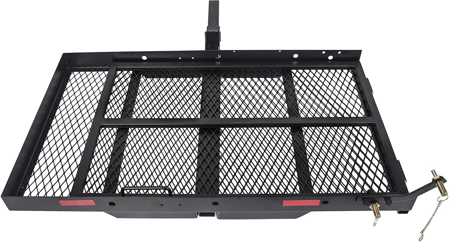 Before and after images showing the HECASA Hitch Mount Cargo Carrier installed on the rear of a vehicle.