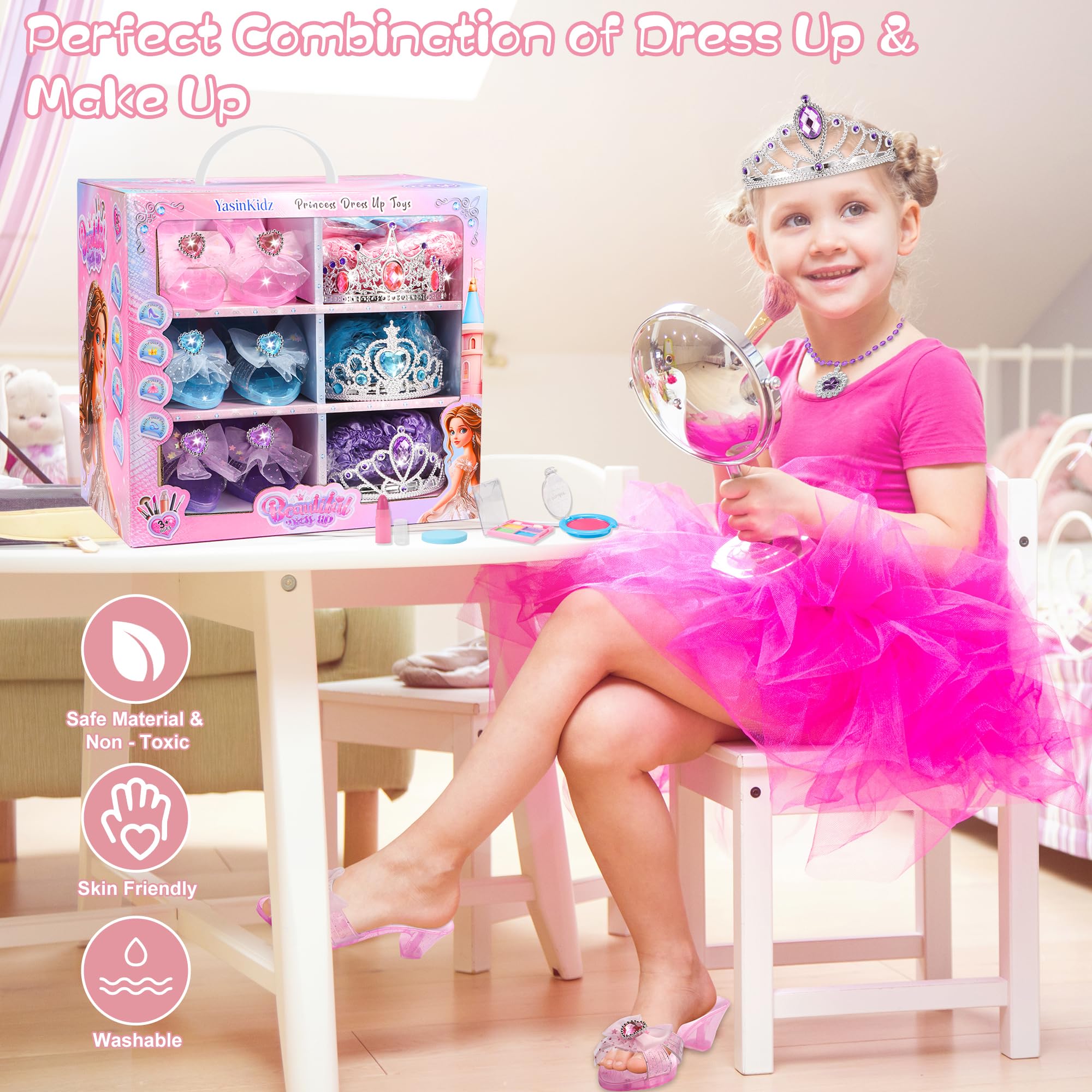 Prinzessin Schuhe mit Kinderschminke Set Mädchen, Prinzessin Spielzeug mit 3 Paar Schuhen, 3 Tüllrock, Krone, Halskette, Geburtstag Weihnachten Geschenke für Mädchen 3 4 5 6 Jahre