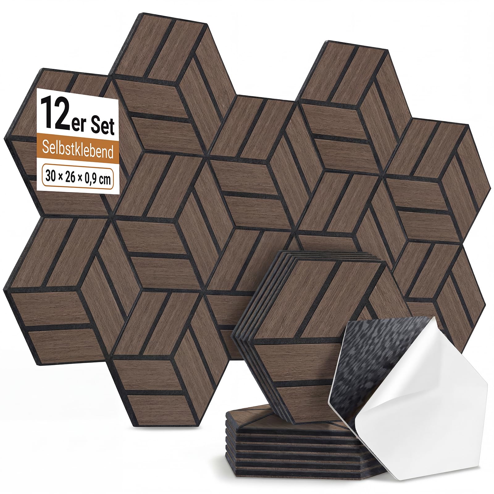 12 Stück Hexagon Akustikplatten Selbstklebend, 30 x 26 x 0,9 cm Hohe Dichte schallabsorber wand, Schallschutzplatten für Studio, Büro, Akustische Behandlung und Gaming deko, Walnuss