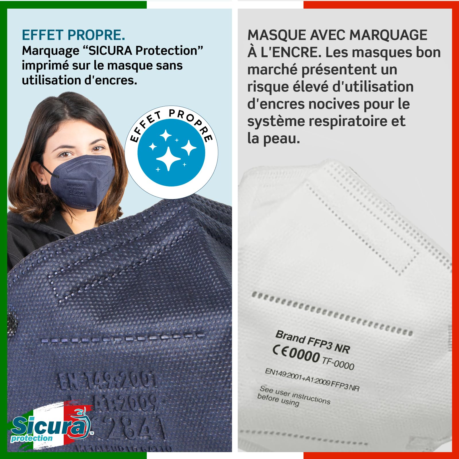 25 masques FFP3 certifiés CE Bleu et Blanc Fabriqué en Italie BFE ≥99% | PFE ≥99% logo imprimé SICURA Masque FFP3 italien aseptisé et scellé individuellement 12 Blancs + 13 Bleu