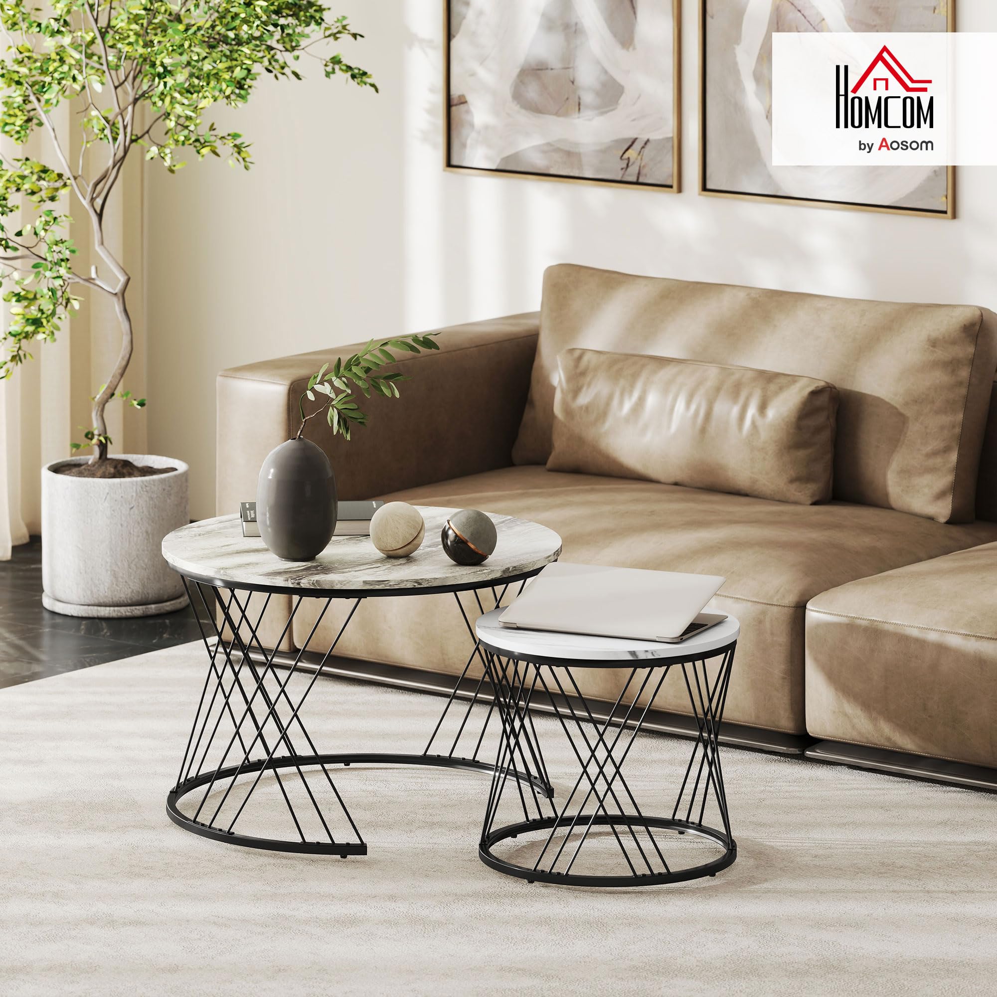 HOMCOM Juego de 2 Mesas Nido Mesas de Centro para Salón Redondas con Tablero con Diseño de Mármol Marco de Metal para Sala de Estar Dormitorio Gris y Blanco