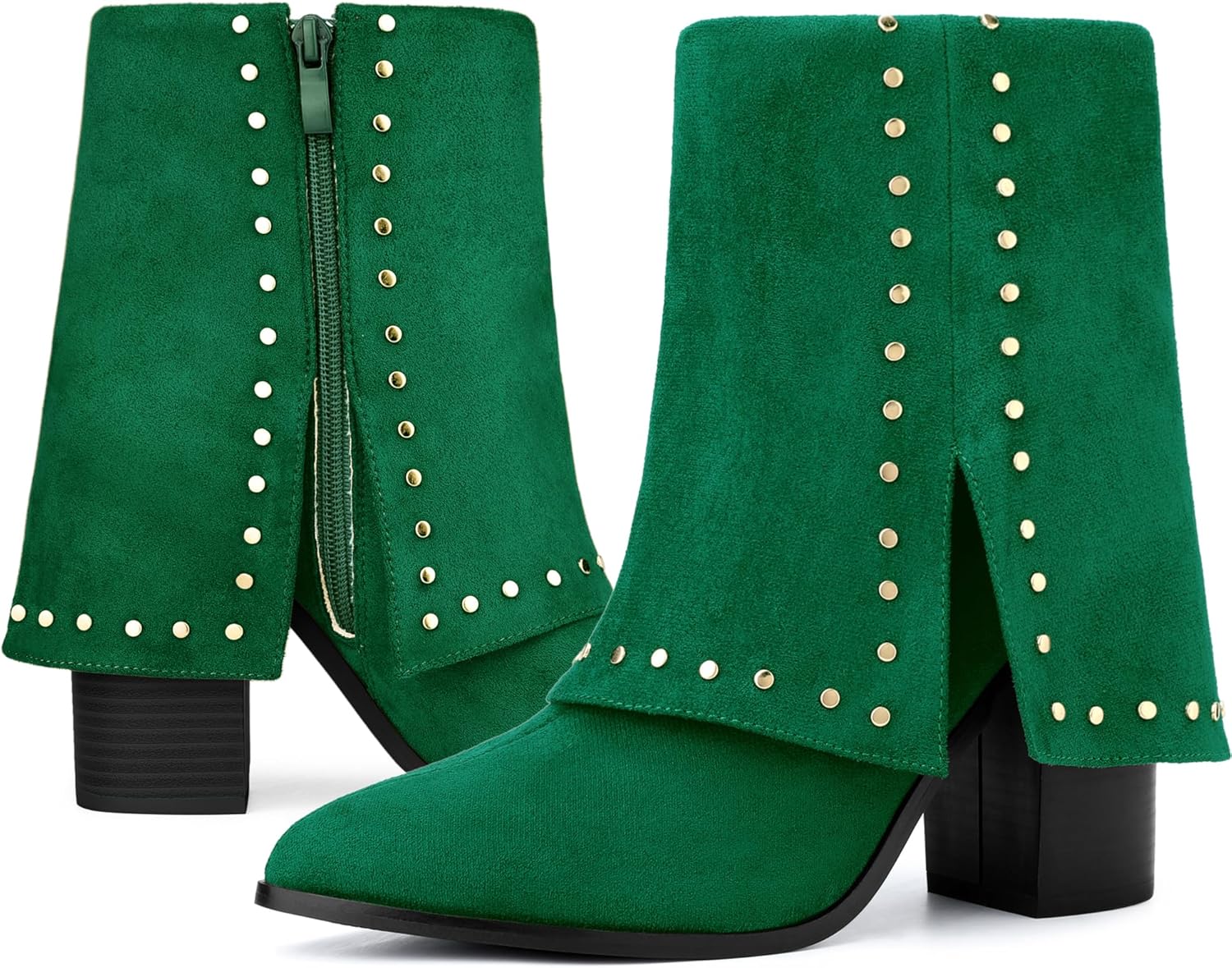 Perphy Fold Over Boots Pointy Toe Block Heel Studded Ankle Boots for Women