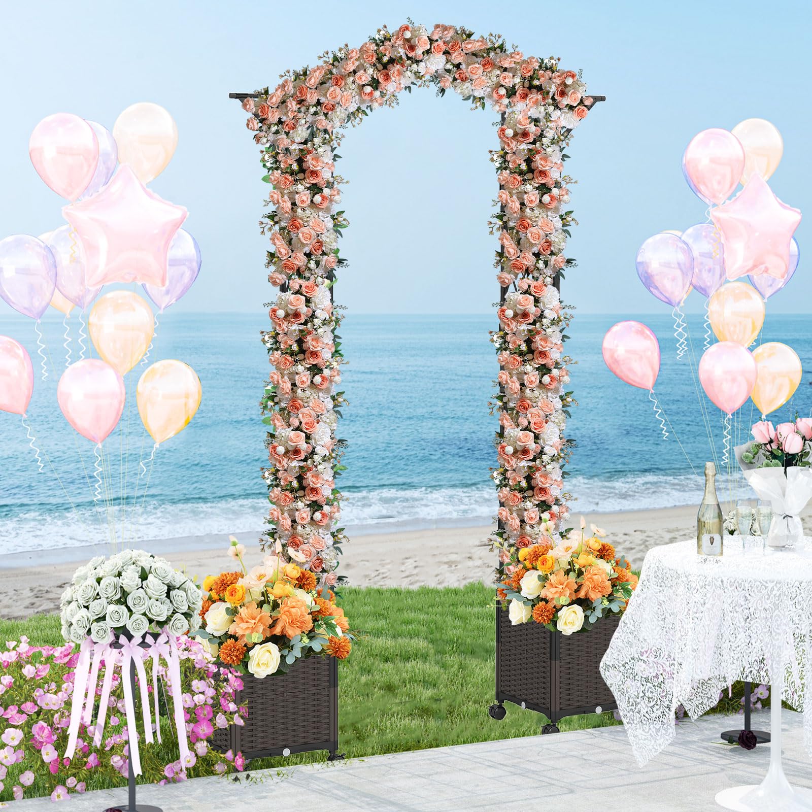 HOMASIS Arco da Giardino con Sistema di Auto-Irrigazione, 2 Vasi e 8 Ruote, Recinzione da Giardino in Metallo Anti-Ruggine, Supporto per Piante Rampicanti per Matrimoni, 208 x 40 x 250 cm (Nero)