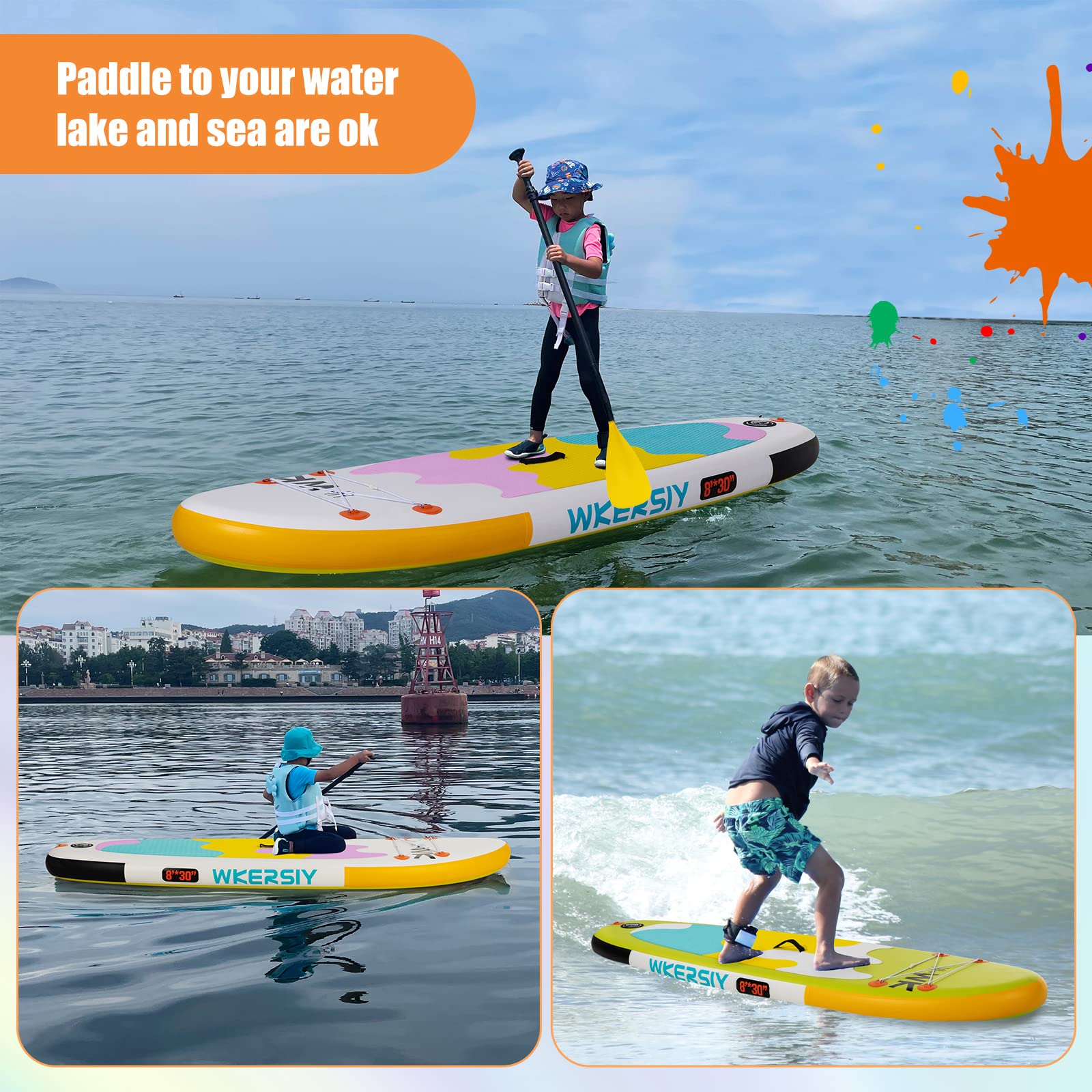 Nadmuchiwana deska do wiosłowania dla dzieci, 20 x 80 x 150 cm, nadmuchiwana deska SUP, sporty wodne, zestaw surfingowy z pompką wiosłową, plecak, zestaw naprawczy smyczy