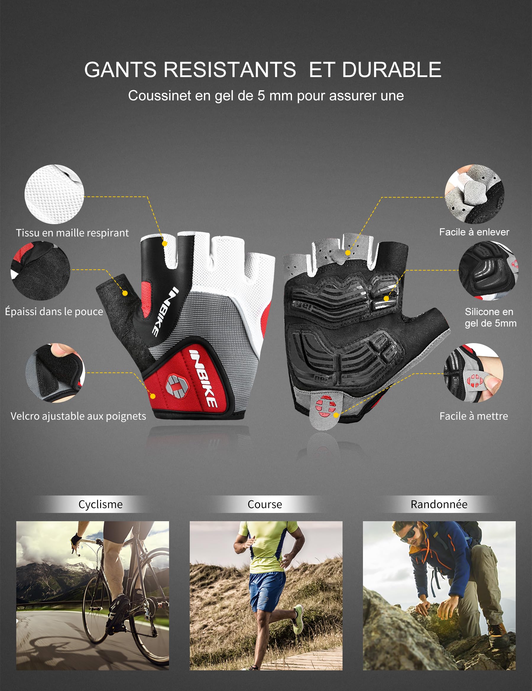 INBIKE Gants Cyclisme Demi-Doigts VTT 5mm Gel Rembourrés Anti-Choc Respirant Été