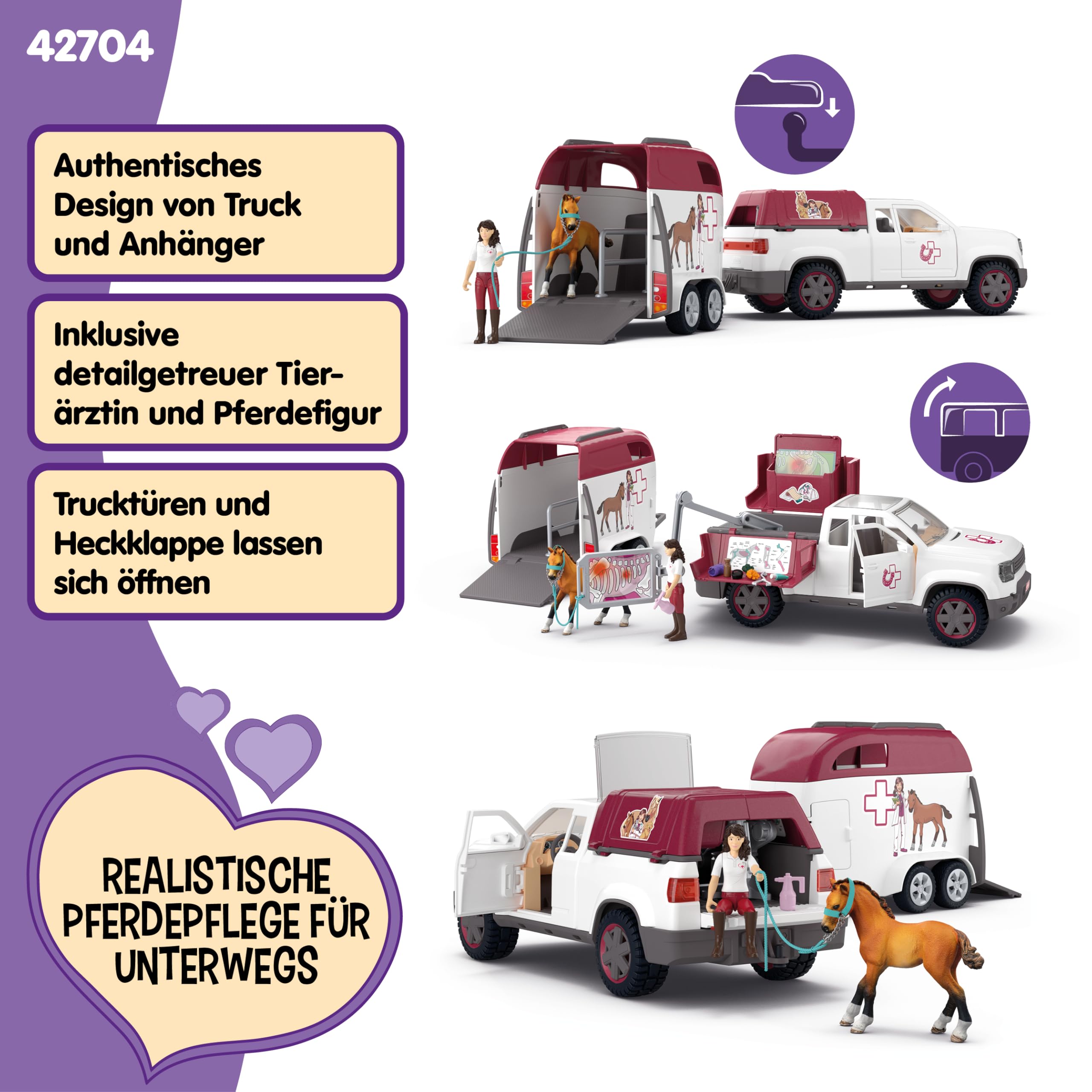 schleich Horse Club | Mobile Tierärztin mit Anhänger 42704 | 90 Teile | Set aus Pick-up & Anhänger, 1 Pferd, bewegliche Figur & Zubehör | Geschenk für Mädchen und Jungen | Spielzeug ab 5 Jahren