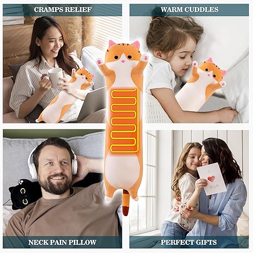 Miniatura 4 de Almohadilla térmica para calambres menstruales y alivio del dolor de cuello y hombro, portátil de 19.7 pulgadas, gato de felpa con un vientre suave
