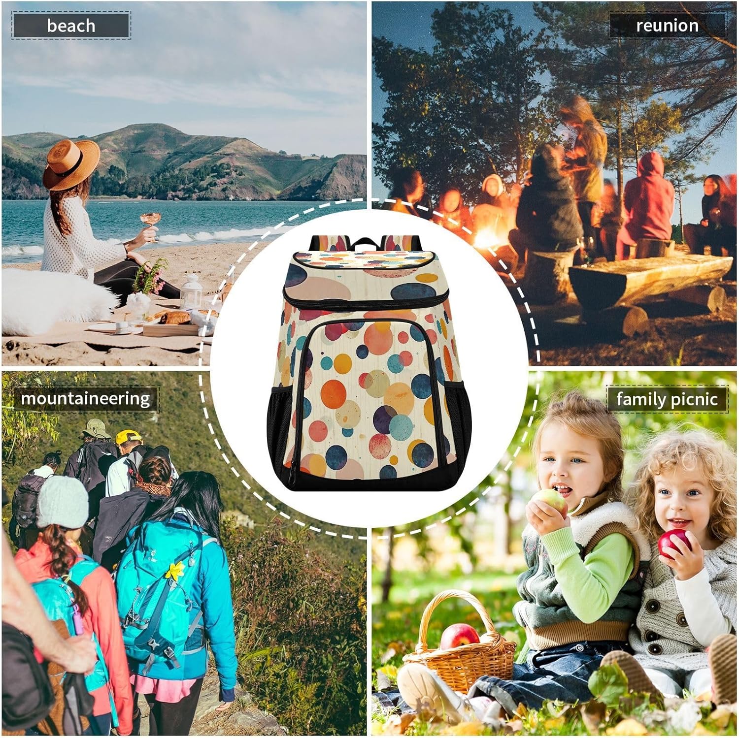 Colorful Circle Cooler Backpack 36 Cans Leakproof Waterproof Backpack Cooler Bag Beach Accessories Travel Camping Fishing Backpack for Women Men