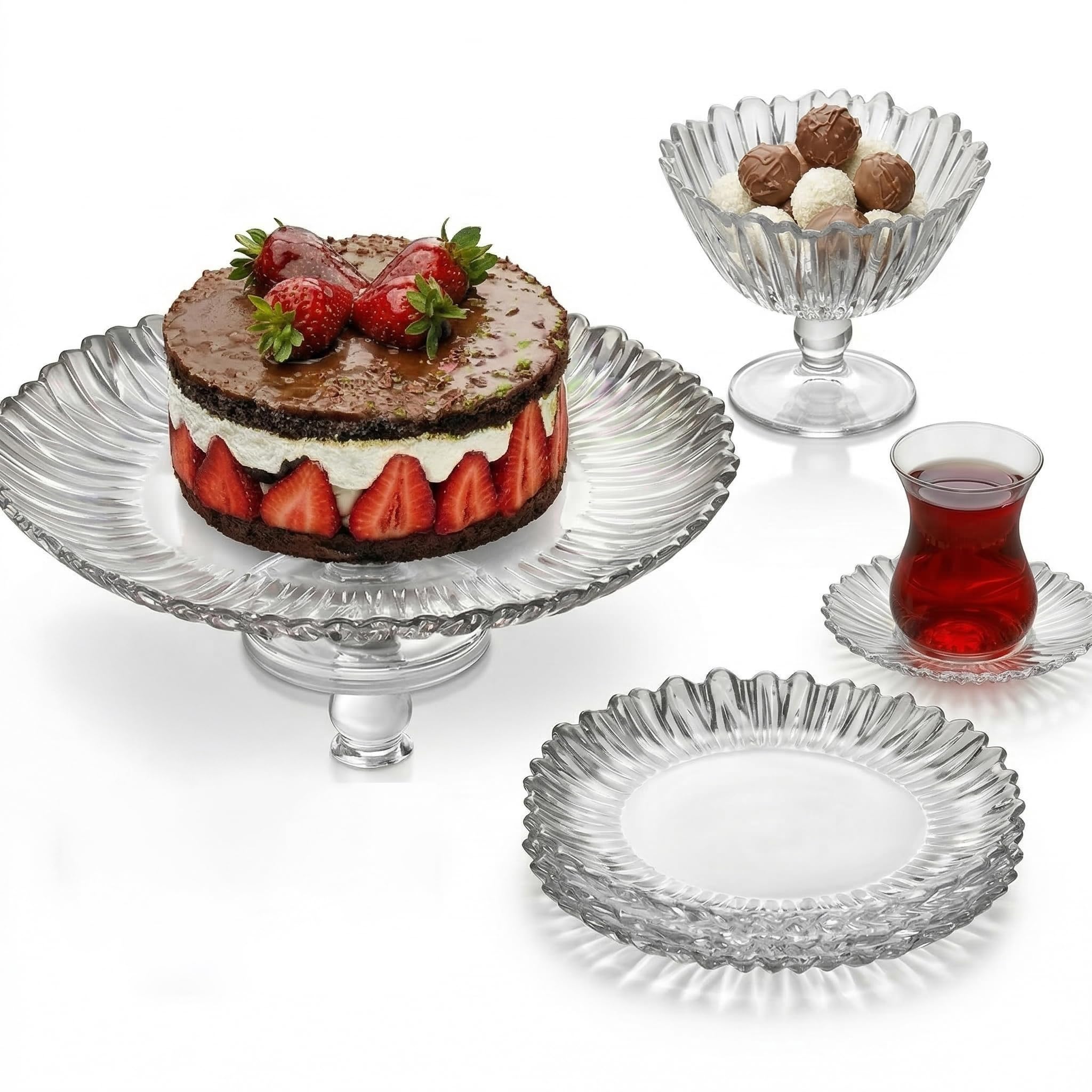 Aurora Servier-Set 20-teilig aus Glas | Elegantes Tee-Service & Kaffeeservice mit Tortenplatte, Etagere, 6 Teegläsern, Untersetzern & Kuchentellern | Spülmaschinenfest | Transparentes Design