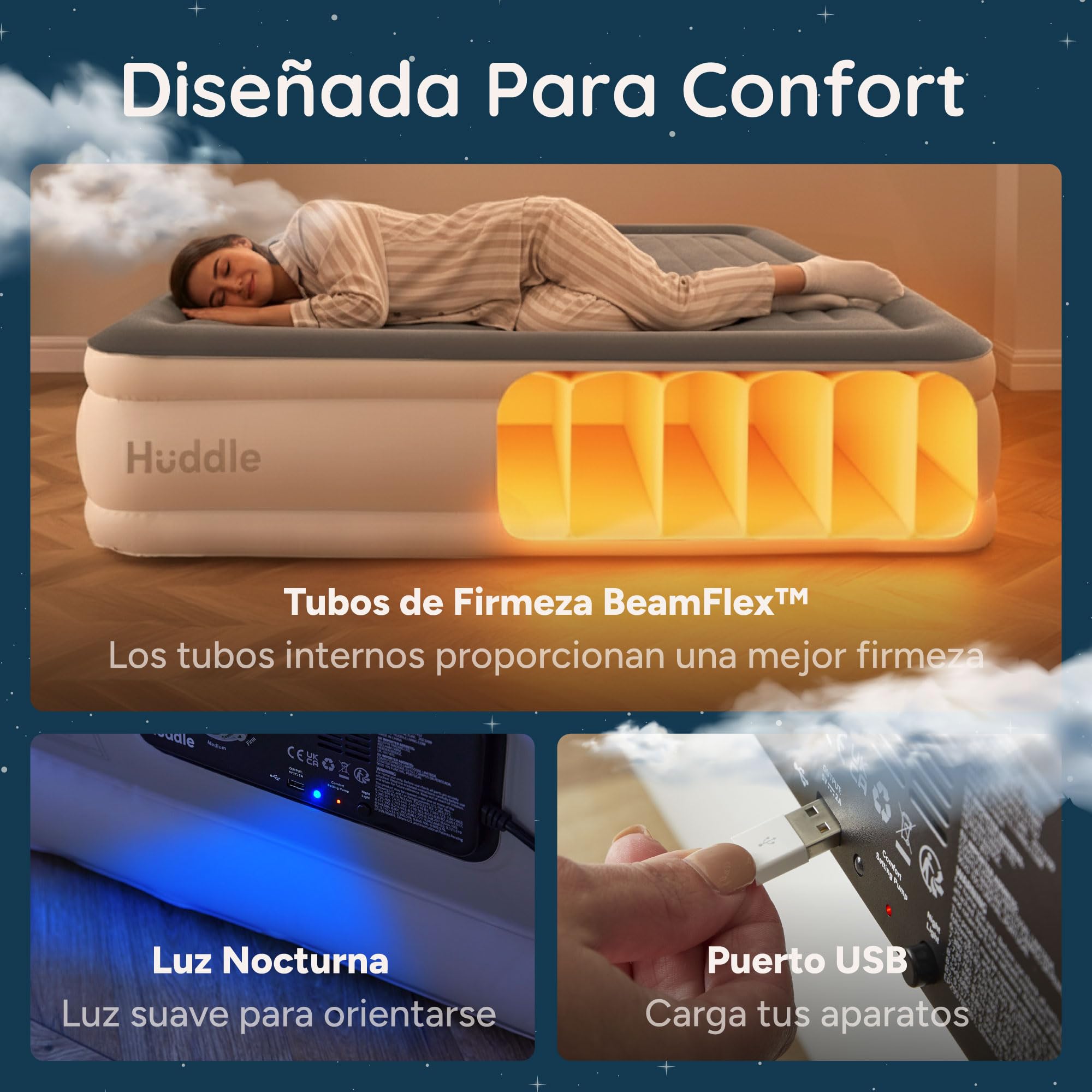 Huddle Never Deflate™ Luxury Colchón Inflable King Size, Ganador del Good Housekeeping 2025, con Hinchador Dual SlumberGuard™, firmeza Ajustable, Bomba integrada y luz Nocturna USB.