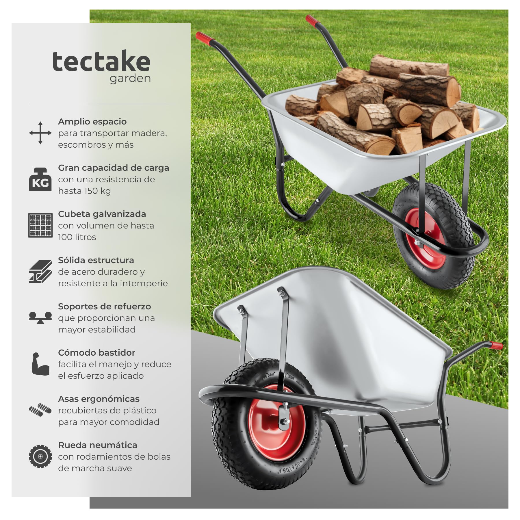 tectake® Carretilla de Carga, Hecho de Acero galvanizado, Carro con Ruedas neumáticas, Capacidad de 100 L, Carga hasta 250 kg, Estructura Robusta, Carretilla Jardin, Uso versátil, Carretilla de Obra