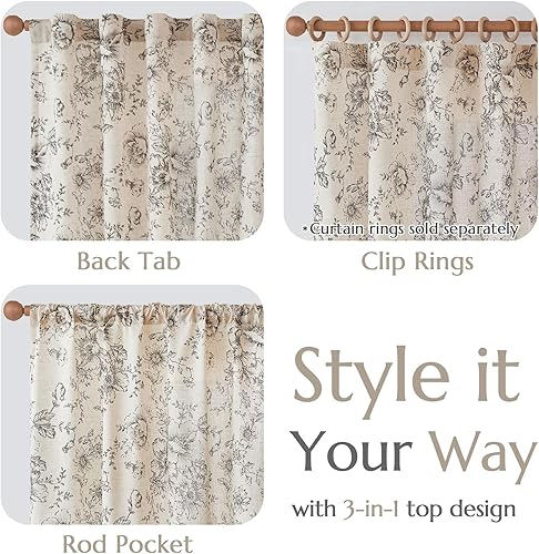 Miniatura 6 de jinchan Cortinas forradas de lino con estampado floral para sala de estar, 90 pulgadas de largo, cortinas con estampado de peonías negras, bolsillo