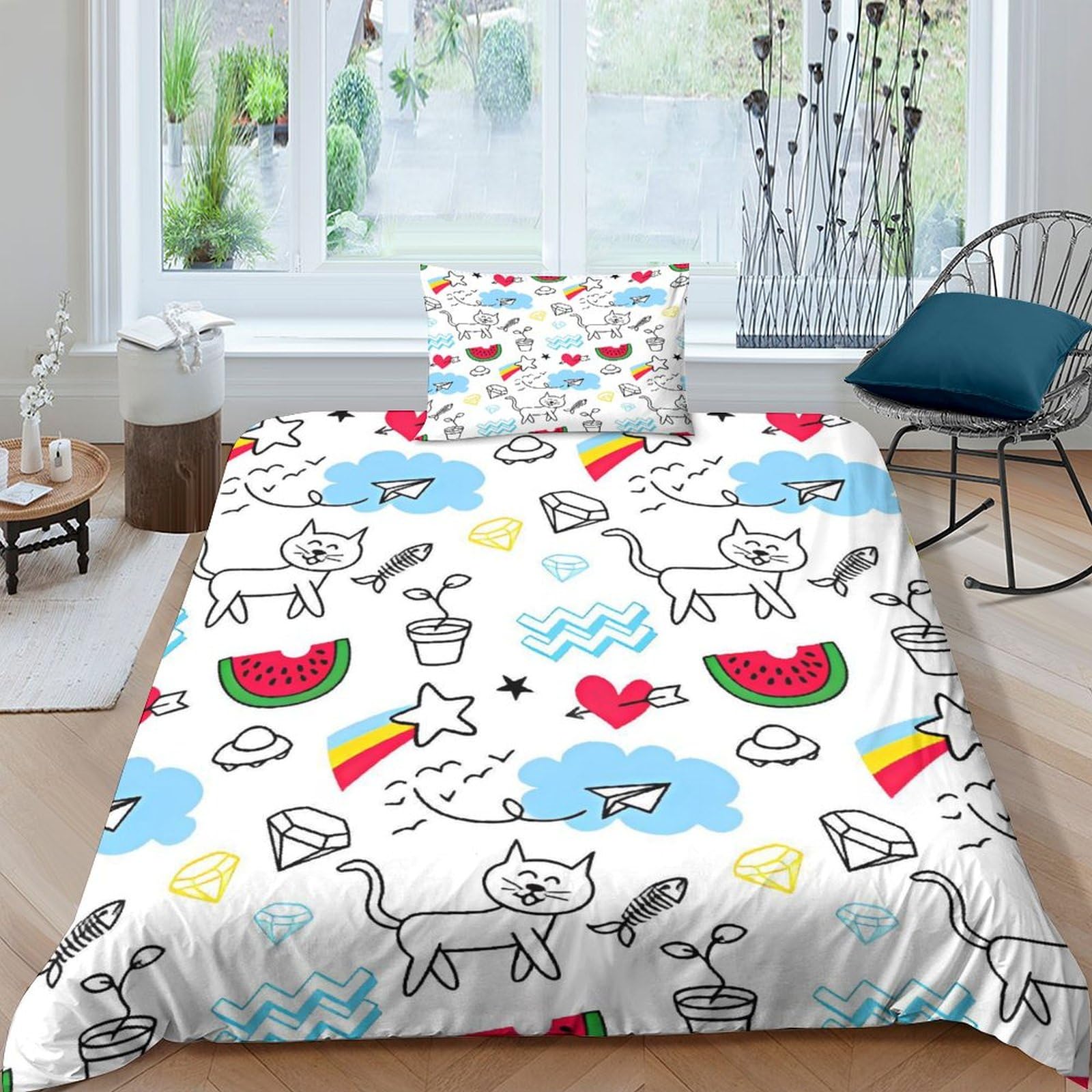 Housse de couette chat et pastèque en microfibre premium lit 1 place 135x200