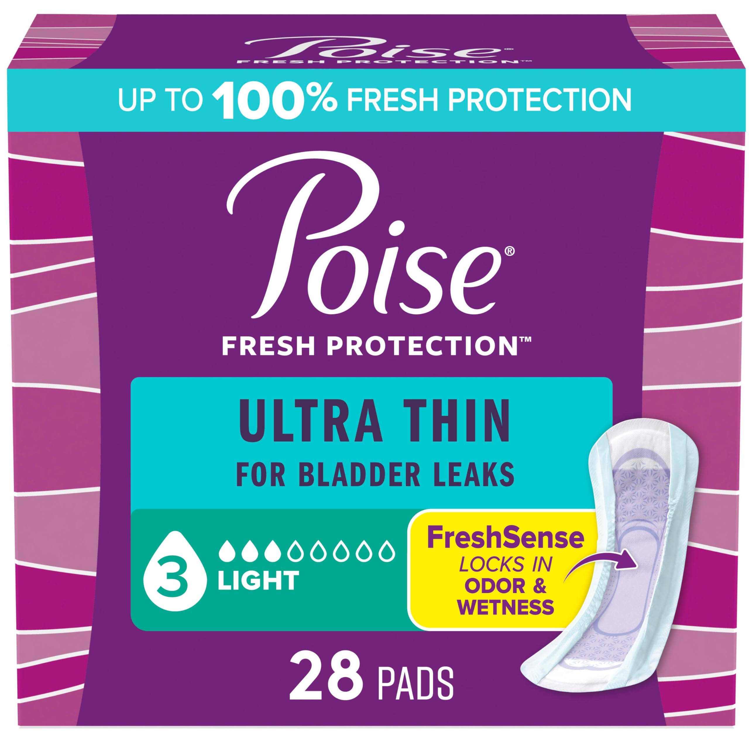 Poise Ultra Thin Incontinence Pads & Postpartum Pads for Bladder Leaks, 3 Drop Light Absorbency, Regular Length, 28 Count, Packaging May Vary