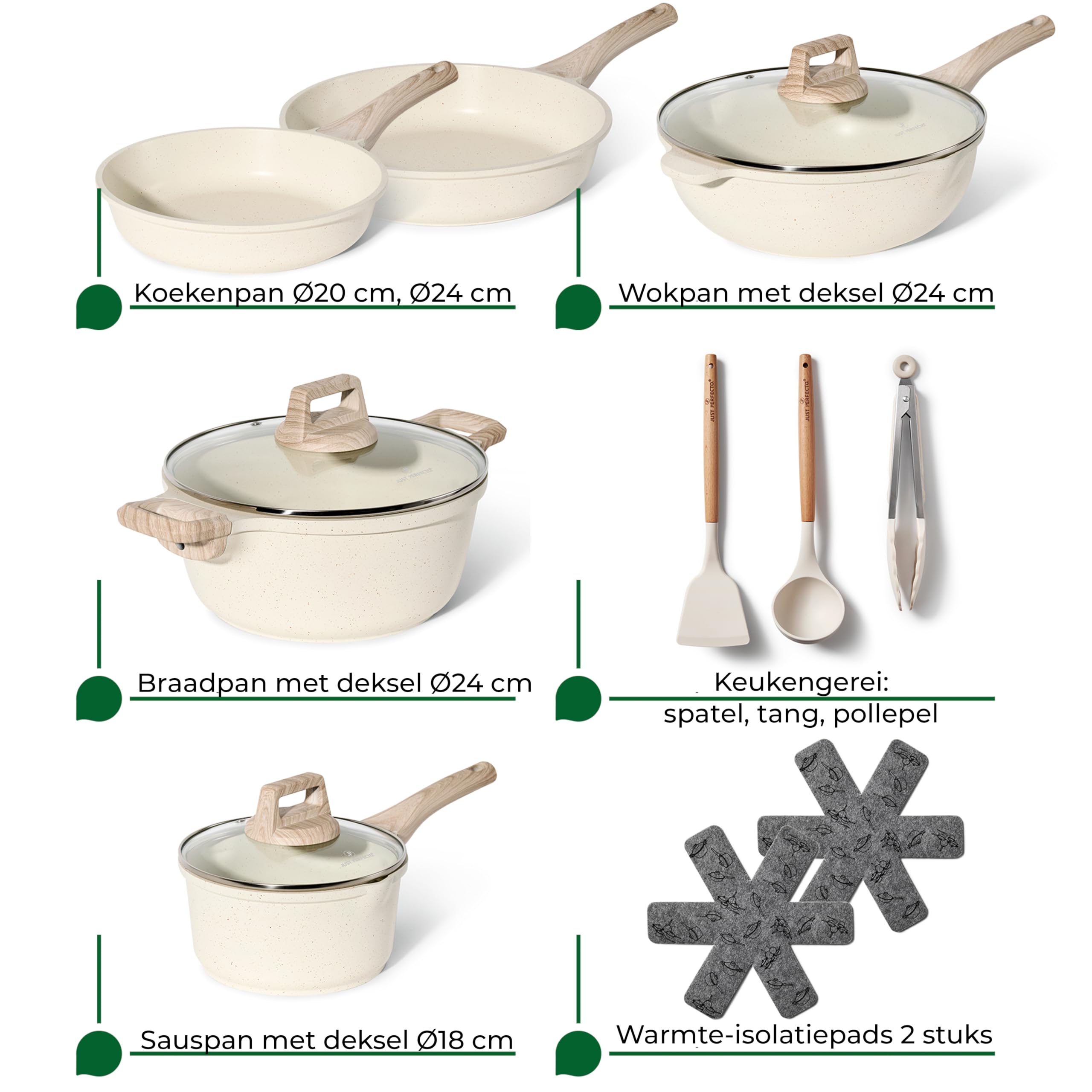 JUST PERFECTO Batterie de cuisine induction Set de casseroles avec couvercle - Casserole tout feux - poele anti adhesive - poele sans PFOA et sans PTFE - lot avec des poêles (13 pcs Biege)