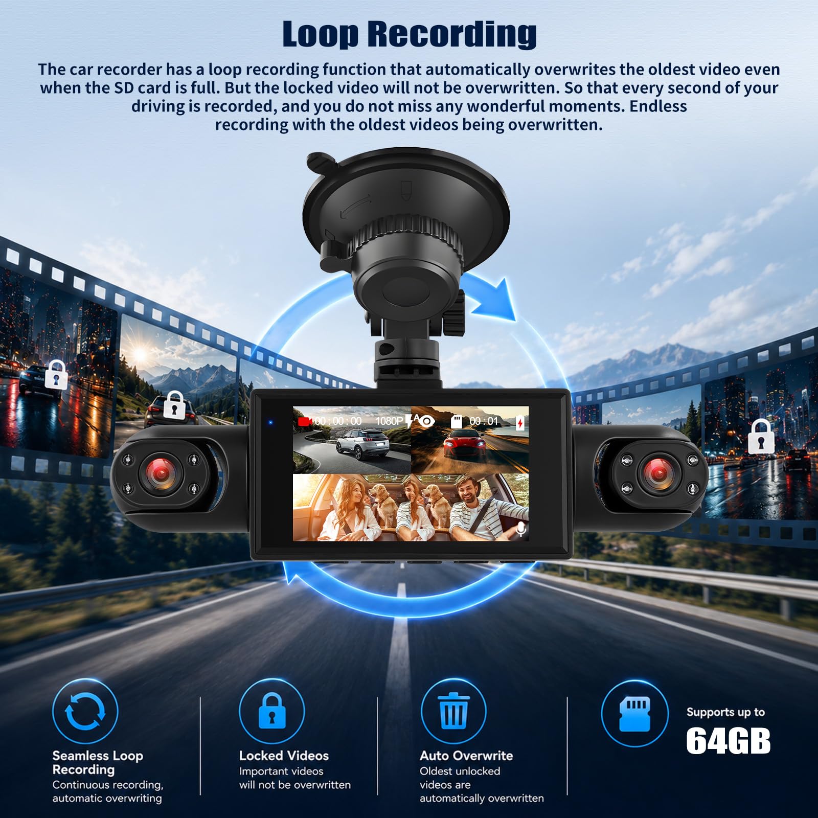 SIXTOP 4 Cámaras Dashcam con Visión Envolvente 360° DVR para Coche Pantalla Full HD 1080P 3 Pulgadas, Detección de Movimiento, Grabación en Bucle Asistencia de Marcha Atrás para Coche/Camión