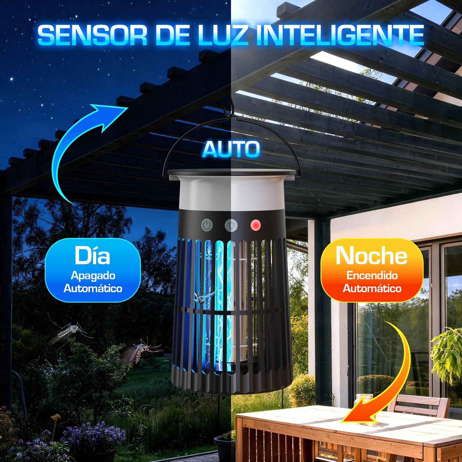 Lámpara Antimosquitos Solar de Exterior, Mata Mosquitos Eléctrico 4200V, Impermeable IPX5, Carga Solar y USB-C, Batería 4000mAh, Sin Cables para Jardín, Terraza, Balcón e Interior