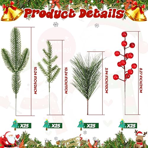 Miniatura 3 de Jexine 100 agujas de pino artificiales de Navidad, ramas y tallos de bayas rojas, púas de pino de vegetación falsa, bayas rojas de Navidad, bayas de