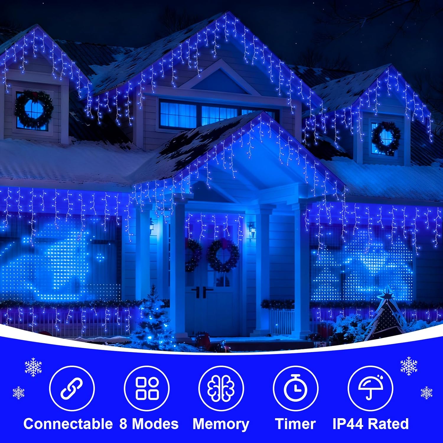 QITONG Blue Icicle Lights for Outside, 66ft 800 LED String Lights Plug in with 8 Modes, Clear Wire Connectable Icicle Christmas Light Indoor